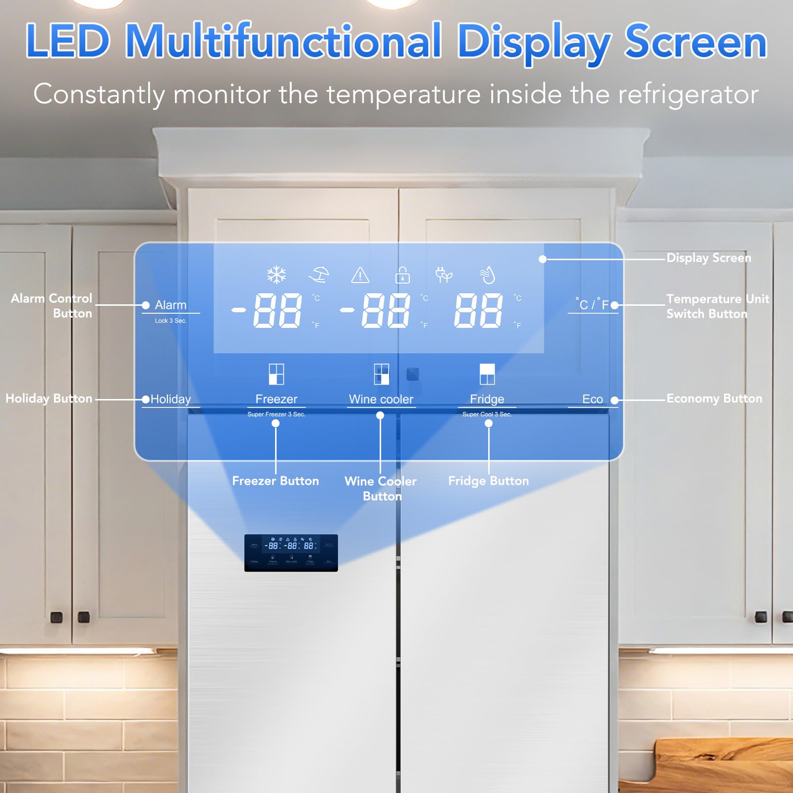 Cowsar 36-Inch And 21 Cu. Ft. Counter Depth French Door Refrigerator With Wine Cabinet And 4 Doors Kitchen Deep Freezer In Stainless-Steel on Fridge.com - View 3