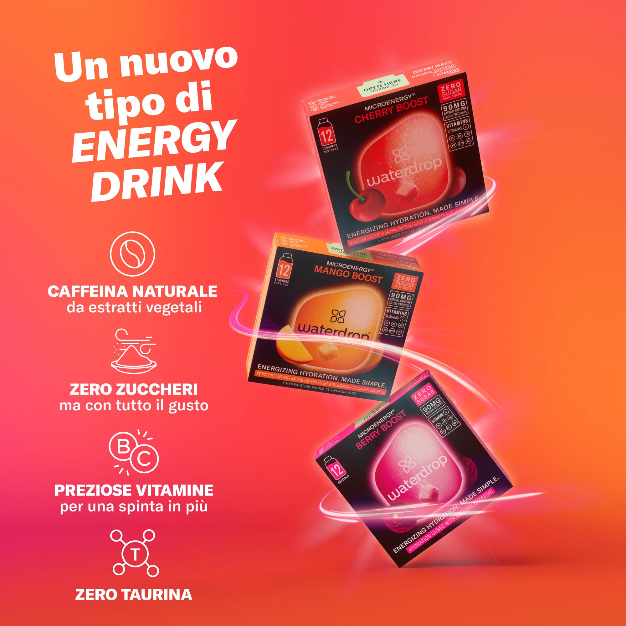 waterdrop® Energy Drink, 90mg Caffeina Naturale con Vitamina B, 36 cubetti per acqua - Zero Zuccheri e poche Calorie - Bevanda energetica al gusto di frutti di bosco, mango e ciliegia - preworkout
