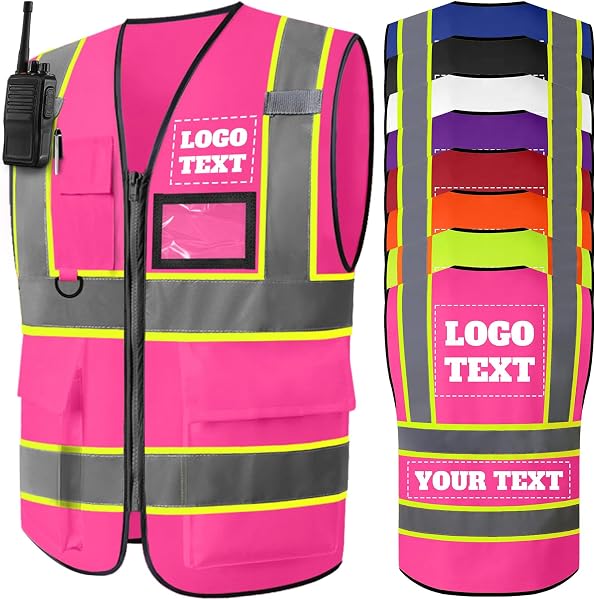 Personalisierte Warnweste Reflektierende Warnschutzweste mit Hoher Sichtbarkeit für Damen & Herren Sicherheitsweste mit Logo Text Taschen für Arbeit Bauwesen (S–5XL) - 1