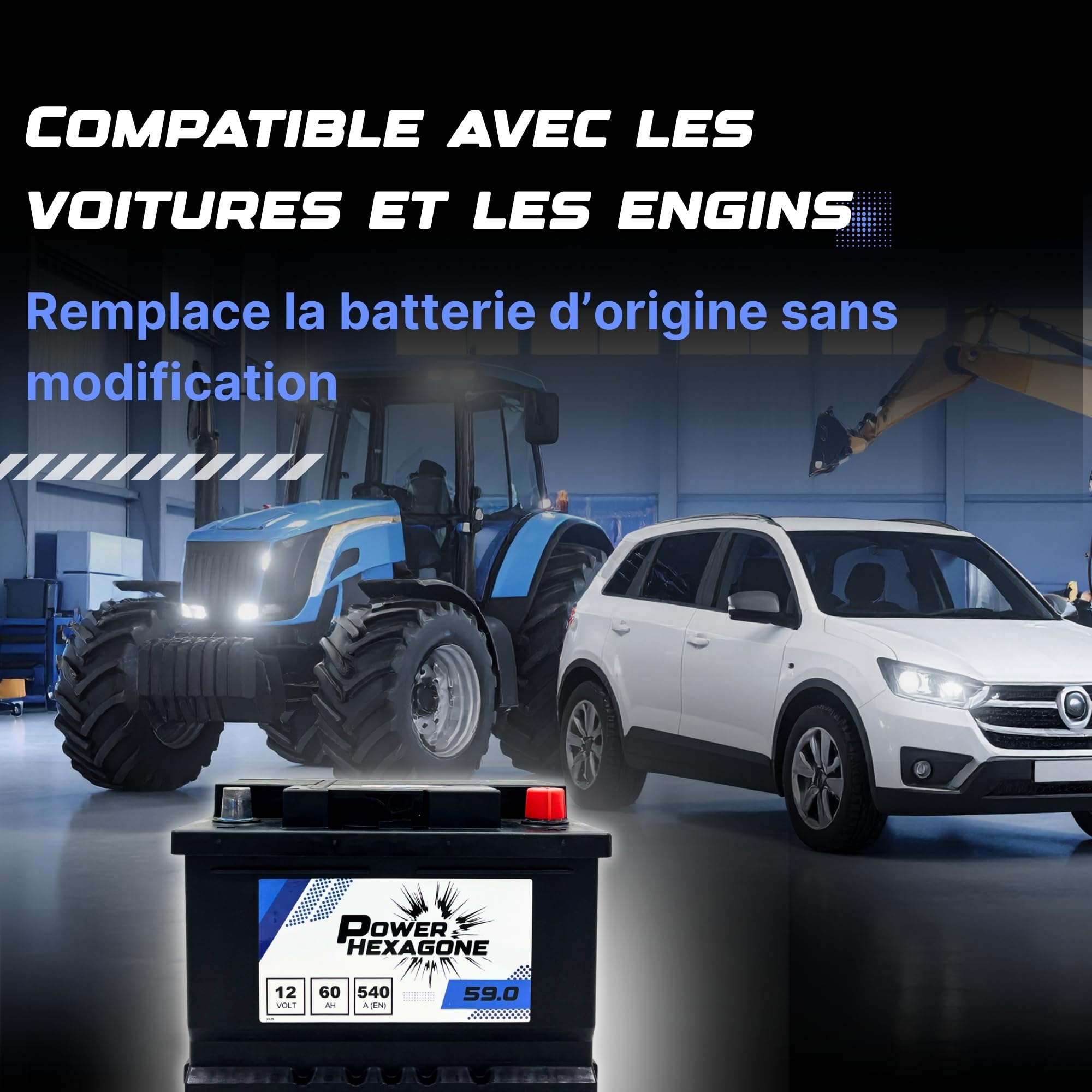 Batterie Voiture 12V 60Ah LB2 - Démarrage 540A - Batterie Auto Sans Entretien - Format LB2 Compatible Voiture, Utilitaire et Chantier - Remplacement Origine - Power Hexagone