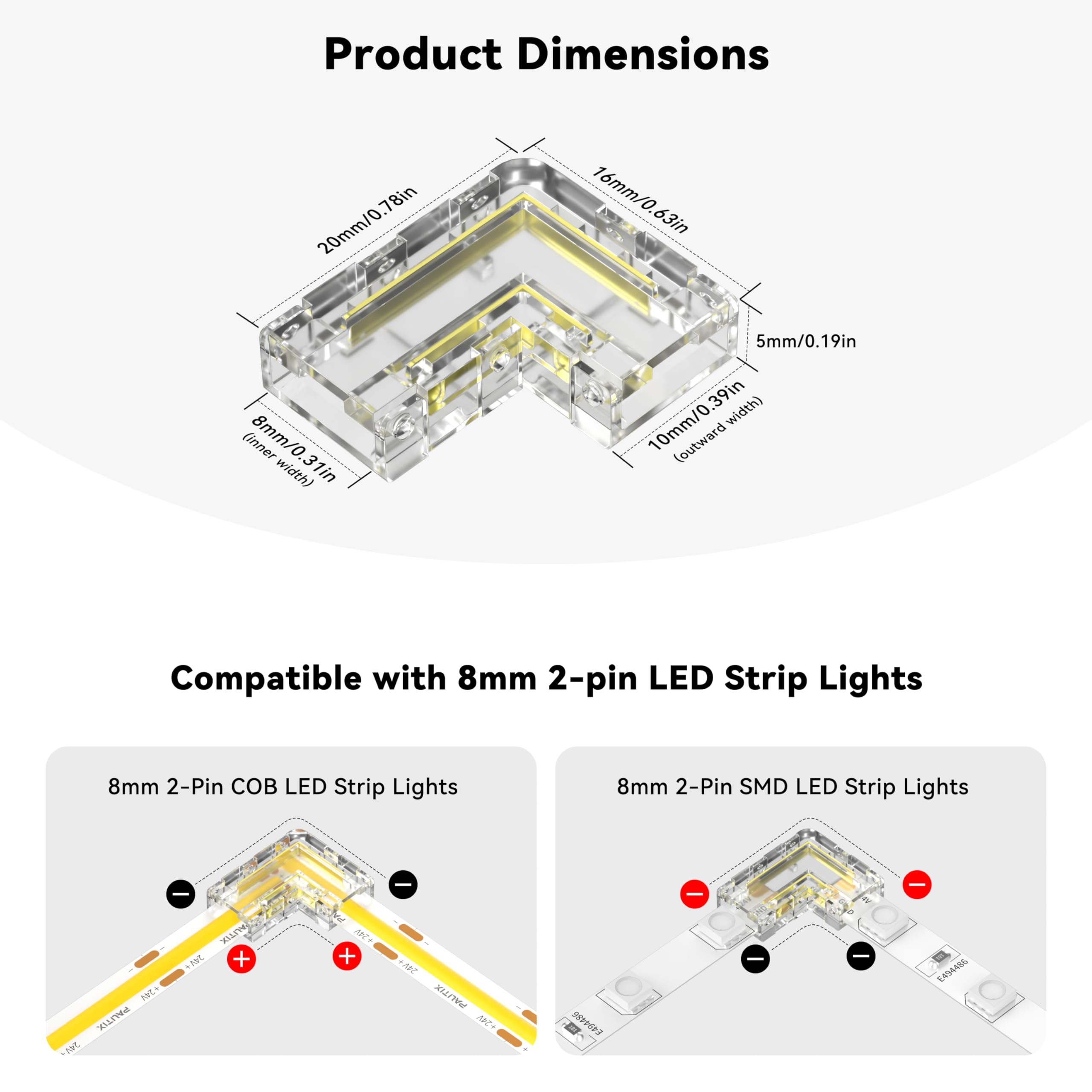 Snapklik.com : 8mm 2-Pin COB Connector 8pcs L-Shaped/Corner Connectors ...