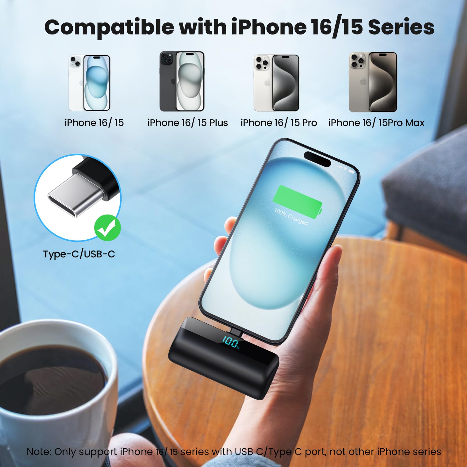Feob Mini Power Bank per iPhone 16/15 Serie, 5200mAh USB C Caricatore Portatile Ultra-Compatto Batteria Esterna Powerbank con LED Display Compatibile con iPhone 16/15 Pro Samsung iPad Pro/Air etc-Nero