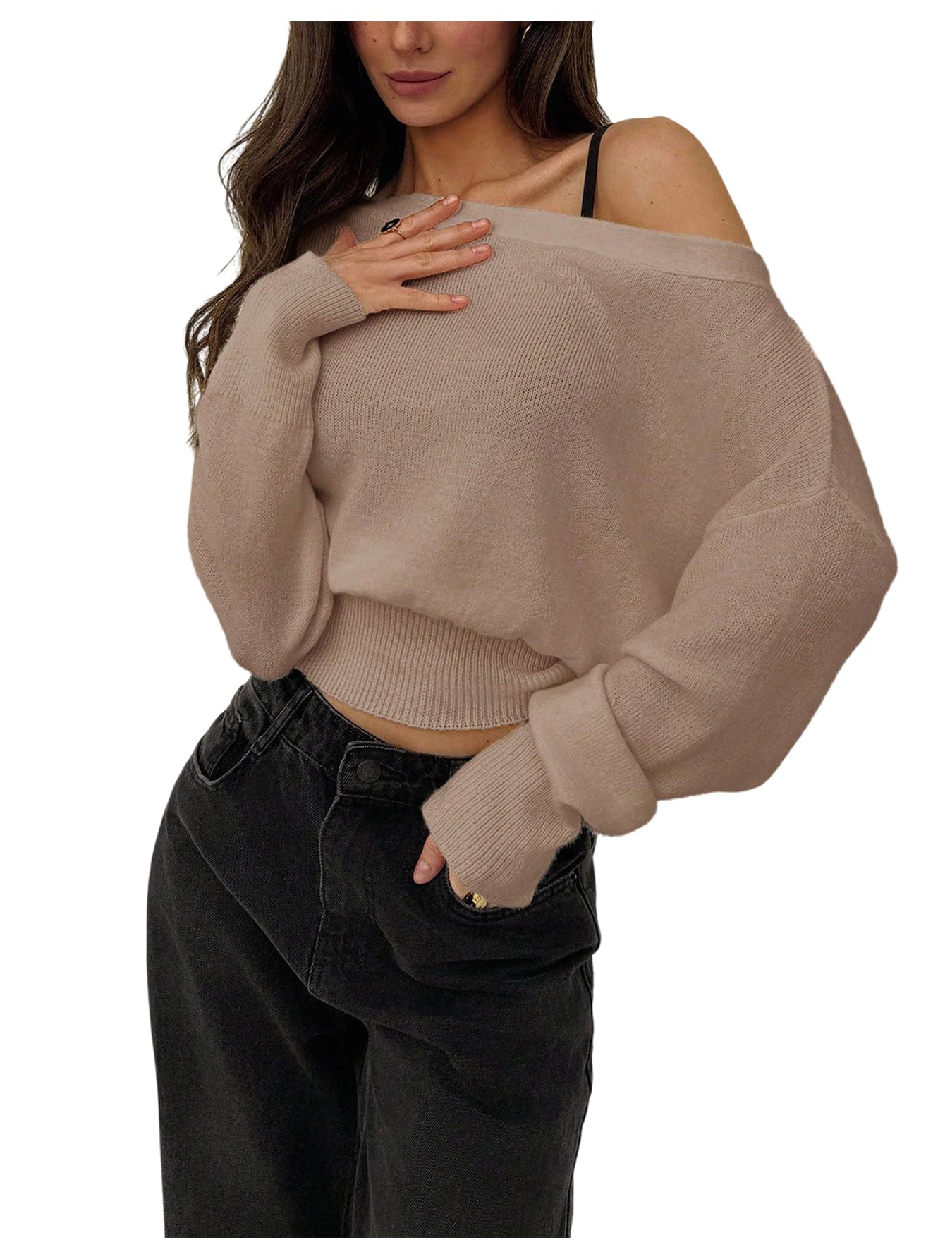 Womens Off The Shoulder Sweater Long Sleeve Knit Pullover Cinched Waist Tops Trendy Fall Outfits