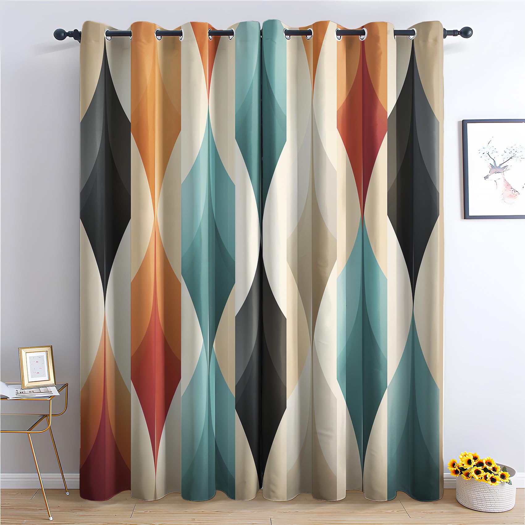 Qtjacryxen Geometric Blackout Curtains 72 Inch Length, Colorful Curtains for Bedroom Decor, Mid Century Modern Window Curtains for Living Room,