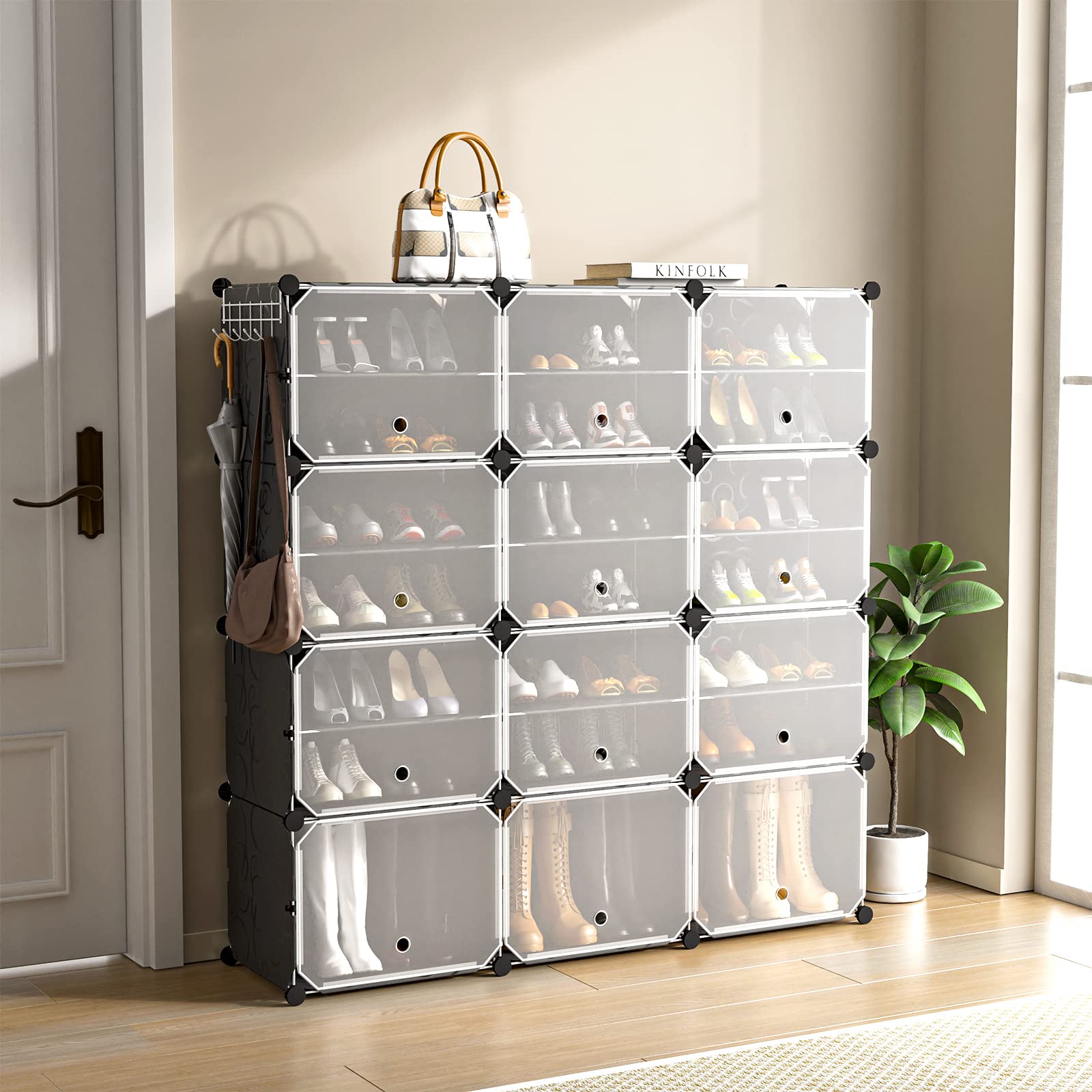 RELAX4LIFE Scaffale Porta Scarpe Portatile, Organizzatore per Scarpe da 48 Paia Espandibile con Porta, per Scarpe per Tacchi, Stivali e Pantofole, Scaffale a 12 Cubi 24 Strati per Ingresso (Nero)