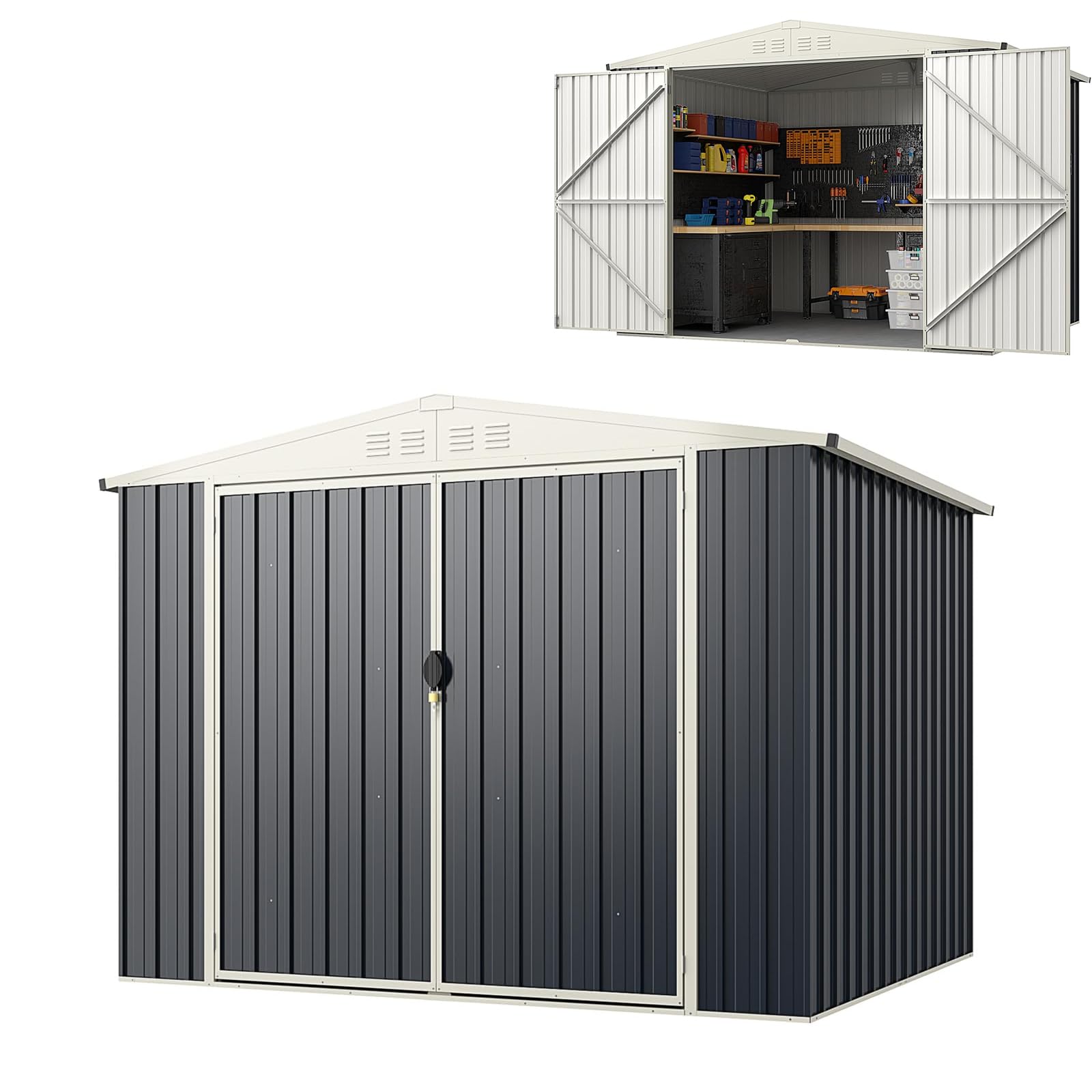 RELAX4LIFE Casetta da Giardino in Metallo 8M³ 5M², 246x193x180CM con Porta Bloccabile, Tetto Inclinato, Finestra di Ventilazione per Attrezzi Biciclette Rifiuti