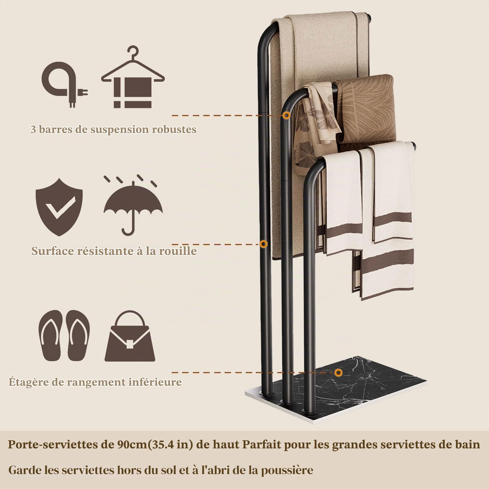 Yawinhe Porte Serviette sur Pied, avec 3 Barres, Support Salle de Bain en Acier Inoxydable, pour Vêtements, 39x26x90cm, Noir, SMJ001B