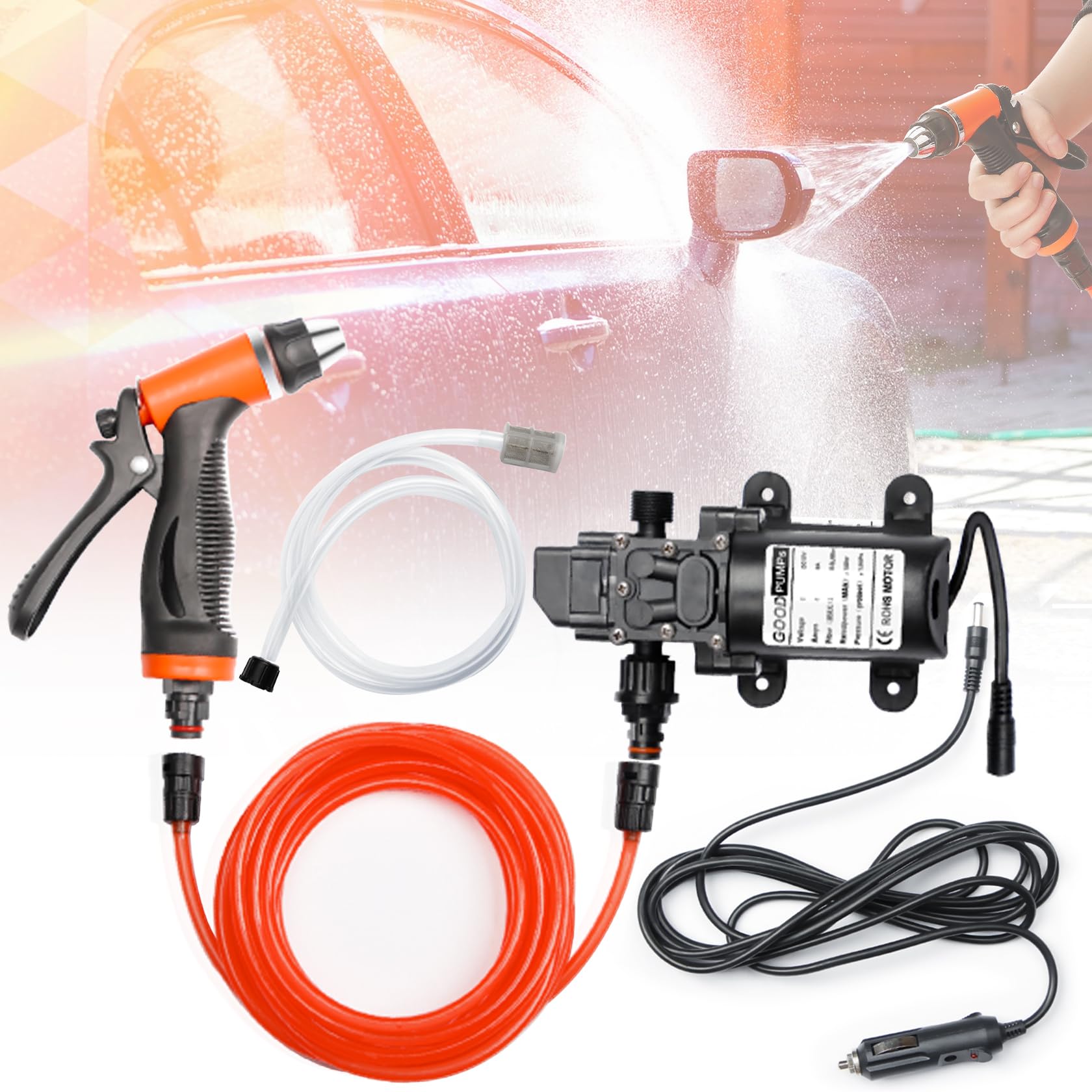 CarBole Bomba de Lavado de Coche de Alta Presión de 100W 160PSI,Pompa Acqua DC12V,Kit de Lavado Portátil,Adecuado para el Lavado de Vehículos y Mascotas,Jardinería,Camping,Limpieza