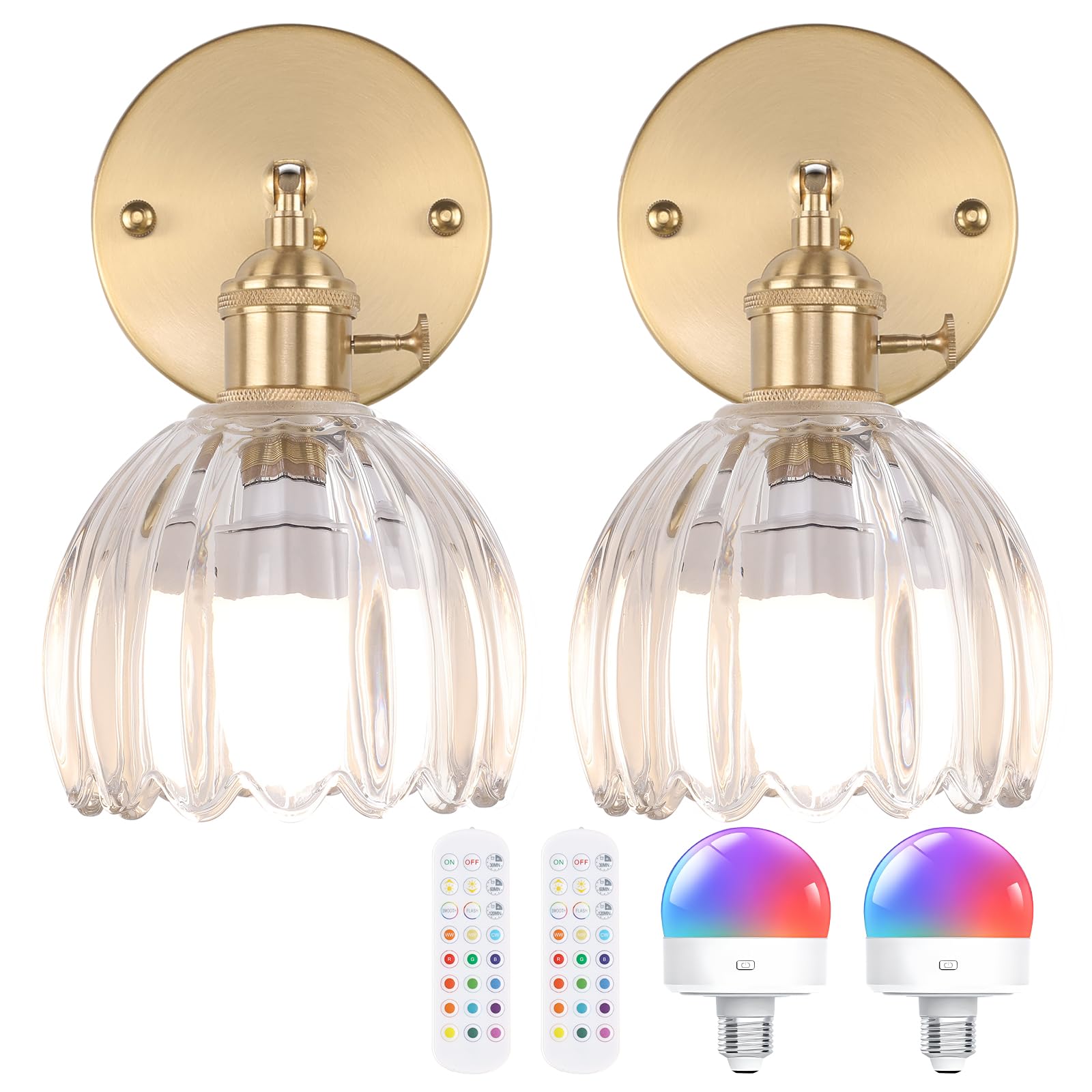 Vintage Battery Operated Wall Sconce with Cute Transparent Tulip Glass Lampshade Wireless Rechargeable Battery Powered Wall Light with Remote Control for Bedside Bedroom Doorway, Set of 2