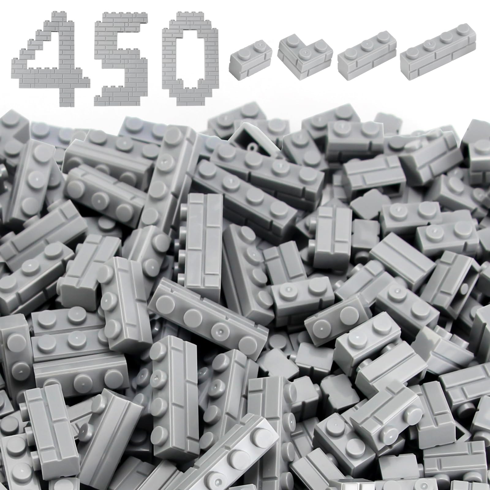 Masonry Bricks Set 450 Pcs Wall Building Blocks Bulk Classic Parts and Pieces Diverse Creative Construction Toys Compatible with Major Brands (Light Gray)