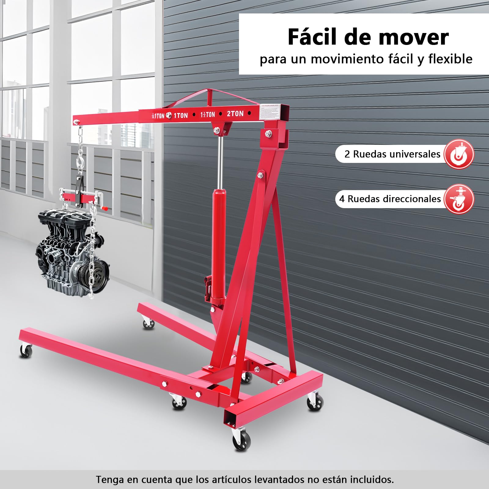 Grúa de taller plegable con compensador de motor, 2000 kg Grúa elevadora de motor de acero al carbono, 4 posiciones ajustables, máx. 148 cm de distancia del gancho al suelo (envío de 2