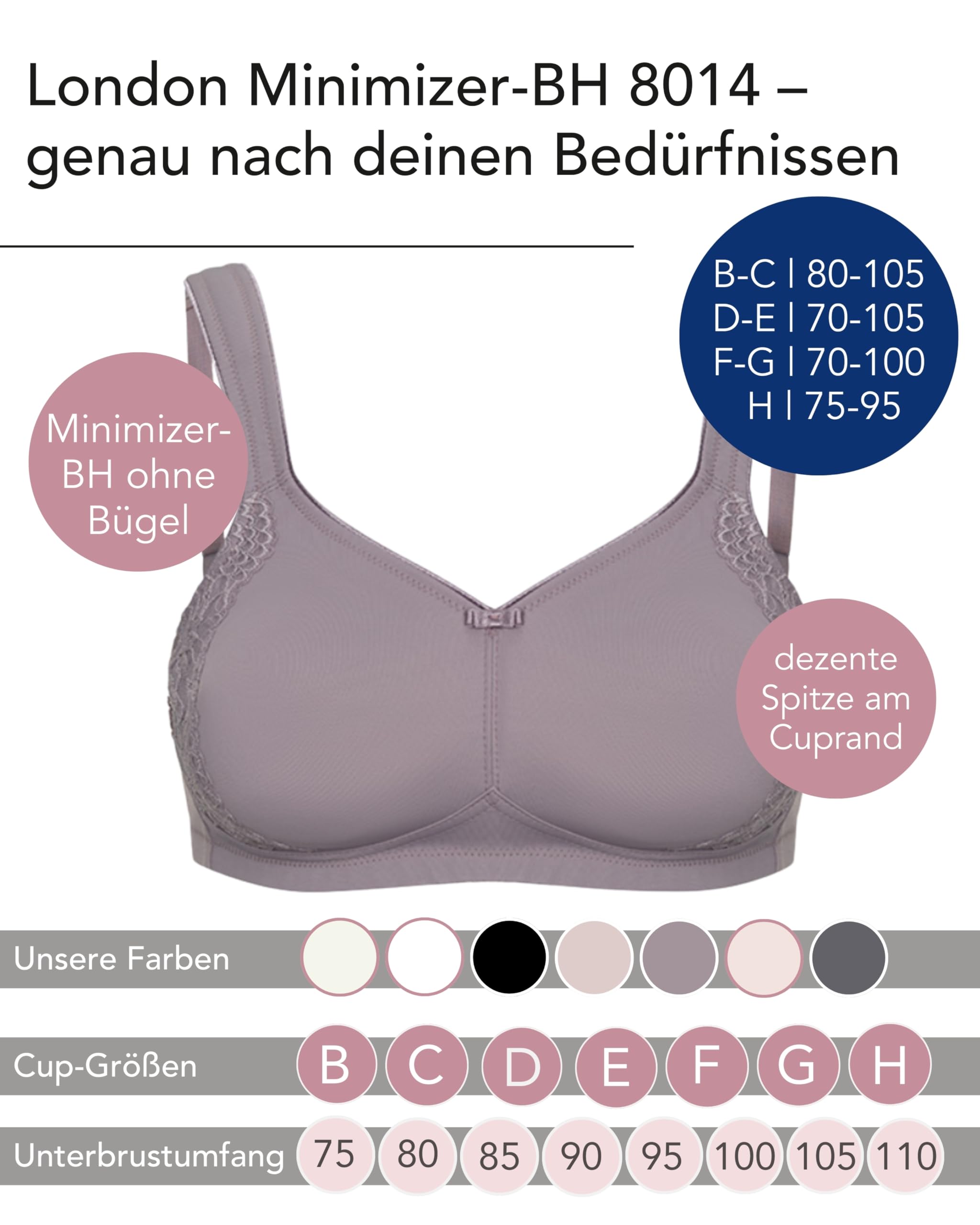 Susa Minimizer BH Damen ohne Bügel I London I Damen-BHS mit Minimizer Schnittform, verkleinert die Brüste optisch I Gemoldete Cups, breite Träger I Frosty Lavender I 75G