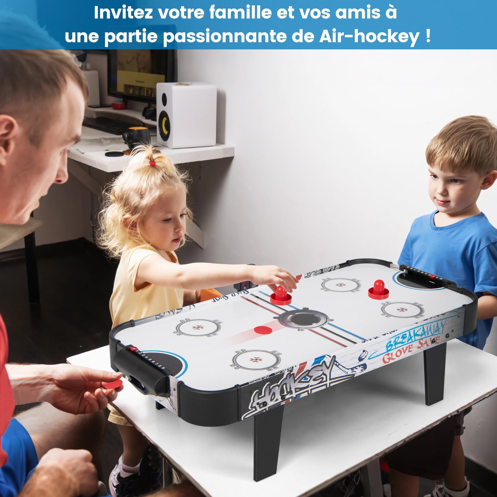 DREAMADE Table de Air Hockey 42 Pouces, Table de Jeu avec Air & Compteur de Points Électronique LED & 2 Palets & 2 Poussoirs & 2 Tapis de Feutre, pour Enfants & Adultes, Noir + Blanc