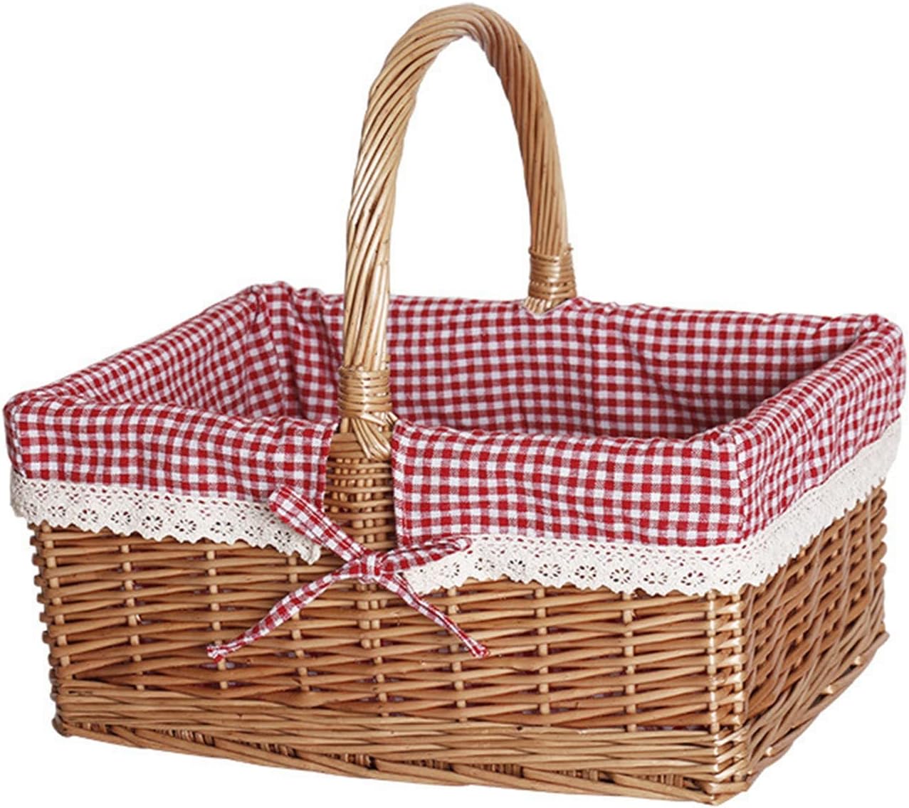 Picnic Basket Rattan Wicker Portable Shopping Picnic Basket for Camping Outdoor(Red Cloth)