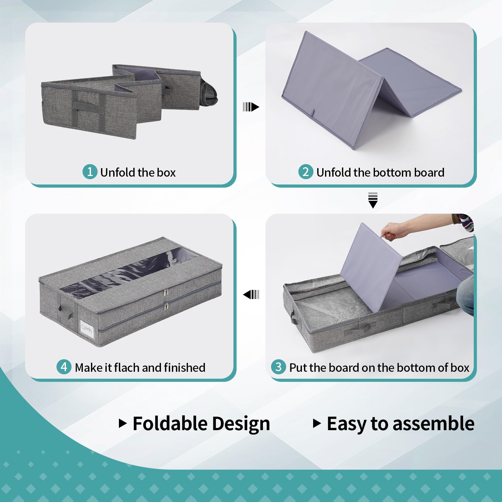 GARPROVM Set di 3 contenitori stabili per sottoletto, 76 x 40 x 17 cm, indeformabili, con chiusura lampo centrale, per piumini, vestiti, biancheria da letto