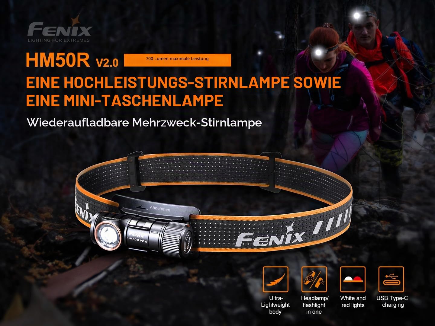 fenix Unisex HM50R V2.0 Mini Arbeits- und Outdoor-Scheinwerfer Black, 6.4