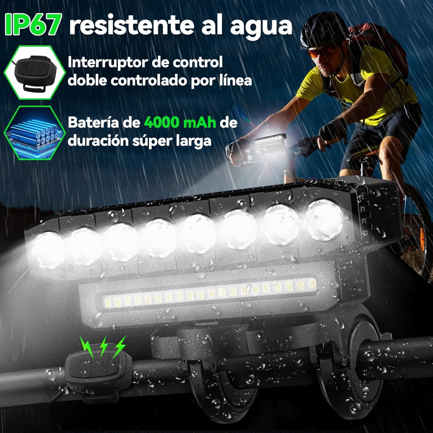 Set di Luci per Bici Ricaricabili con 11 Modalità Illuminazione Funzione Bank da 4000mAh Campana 130dB IP65 Perline LED Ultra Luminose Ciclismo e Attività