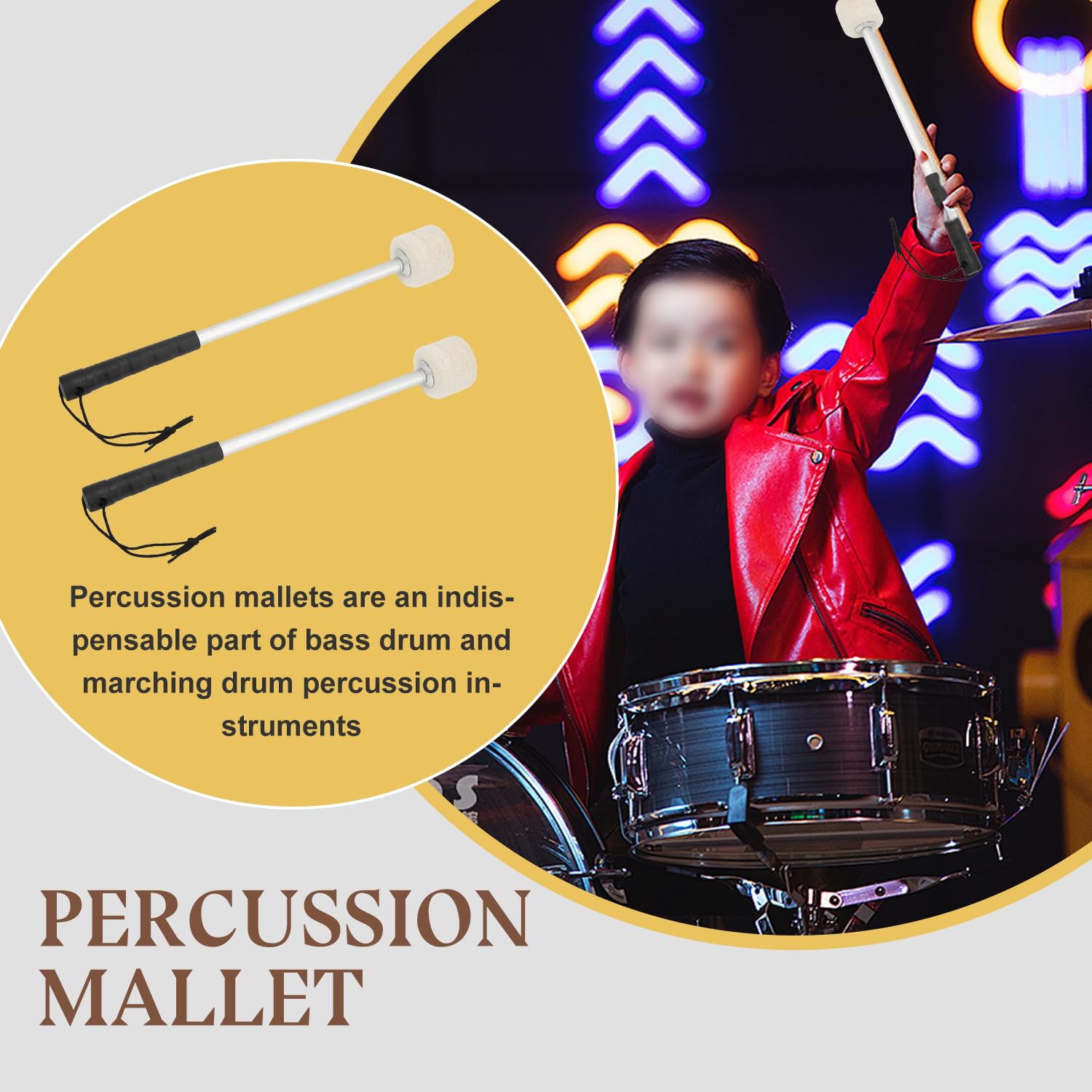 2pcs Martello per Tamburo, Bastone in Feltro di Lana Testa e Acciaio Inossidabile Antiscivolo Xilofono Marimba Bacchetta Strumento Musicale a Percussione per Bambini Bambini Adulti