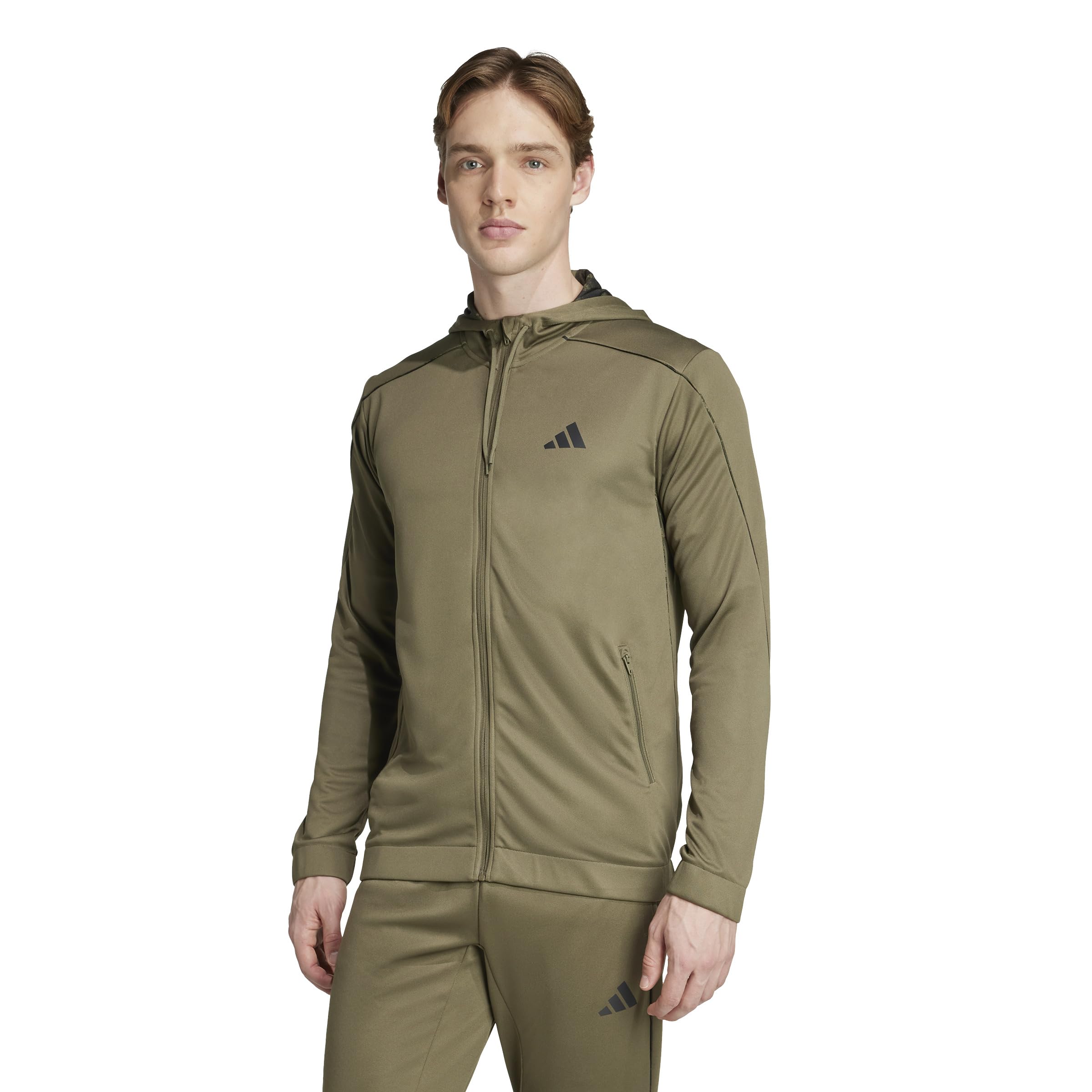 adidas Men's TRAIN ESSENTIALS SEASONALS FULL-ZIP HOODIE, olive strata, XS