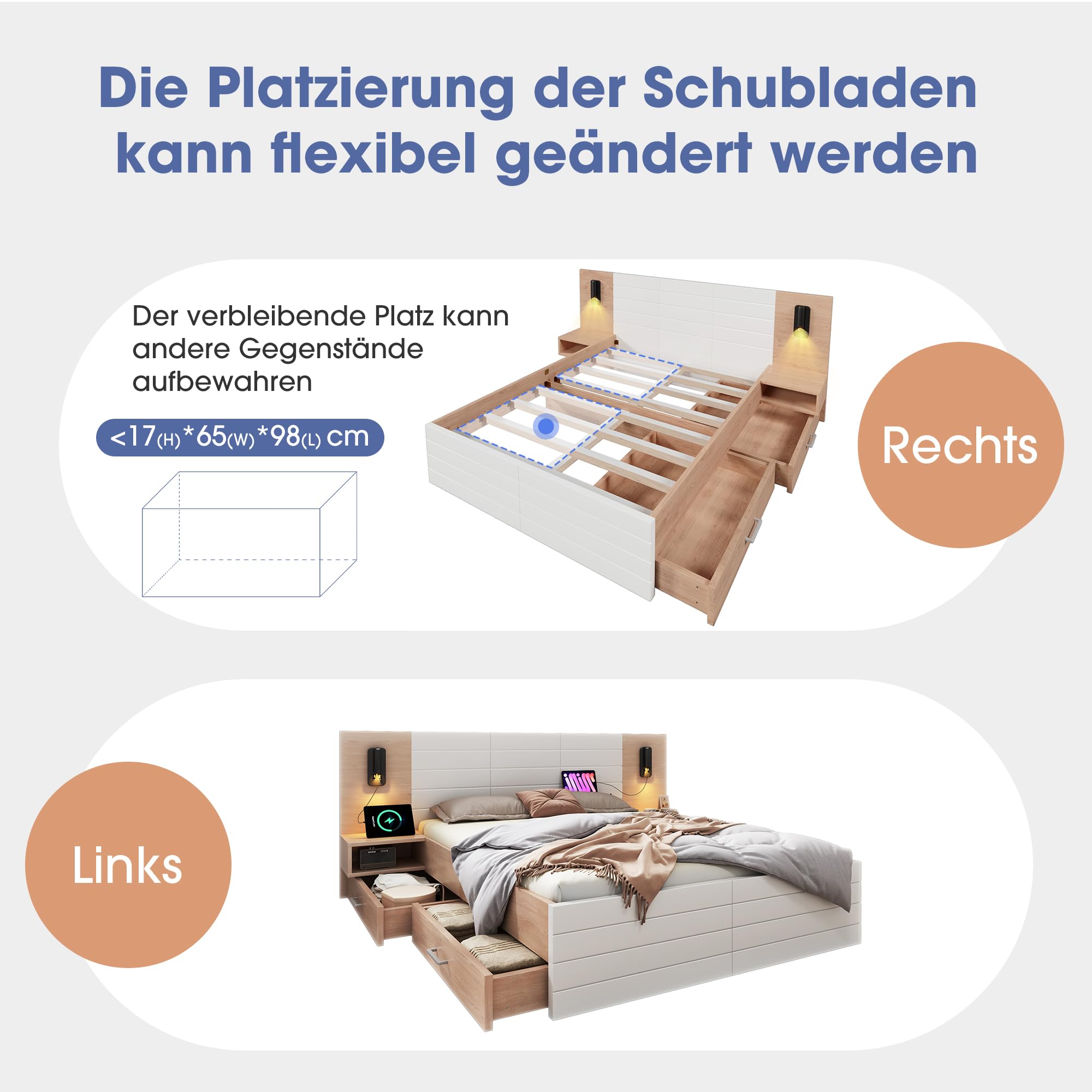 Lit double en bois, 160 x 200 cm, avec 2 tiroirs, lampe de tête de lit, lampe de lecture, avec fonction de charge USB, lit moderne, avec 2 commodes de chevet, cadre de lit et sommier à lattes, 235 x