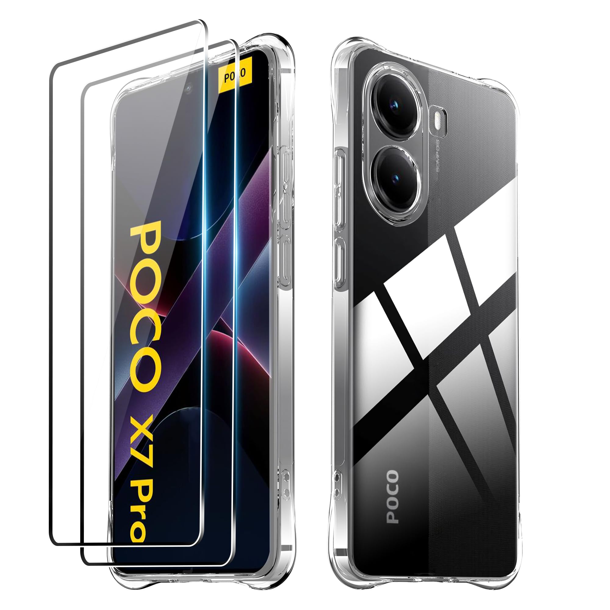 for Xiaomi Poco X7 Pro Case with [2 Pack] Tempered Glass Screen Protector, Clear TPU,Reinforced Corner Shockproof, Anti-Scratch