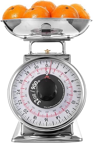 Tada Báscula analógica de alimentos con porciones precisas de 2 libras, de acero inoxidable, 32 onzas, báscula mecánica de cocina, cuenco extraíble,