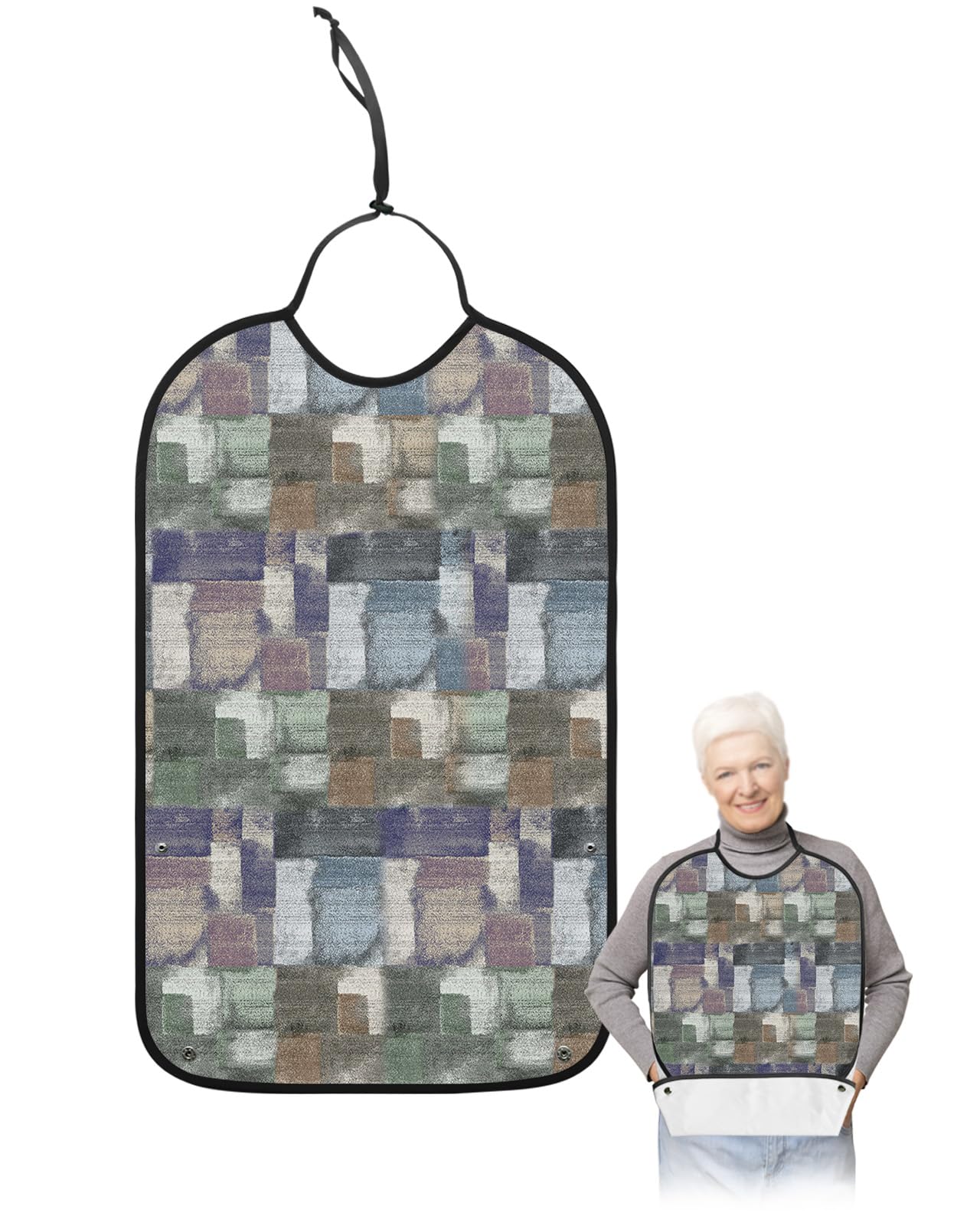 Abstract Vintage Adult Bib for Eating with Crumb Catcher,Washable & Waterproof Terry Cloth Adjustable Elderly Women Men Adult Bibs Funny Apron Clothing Protector Minimalist Aesthetics Geometric Colors