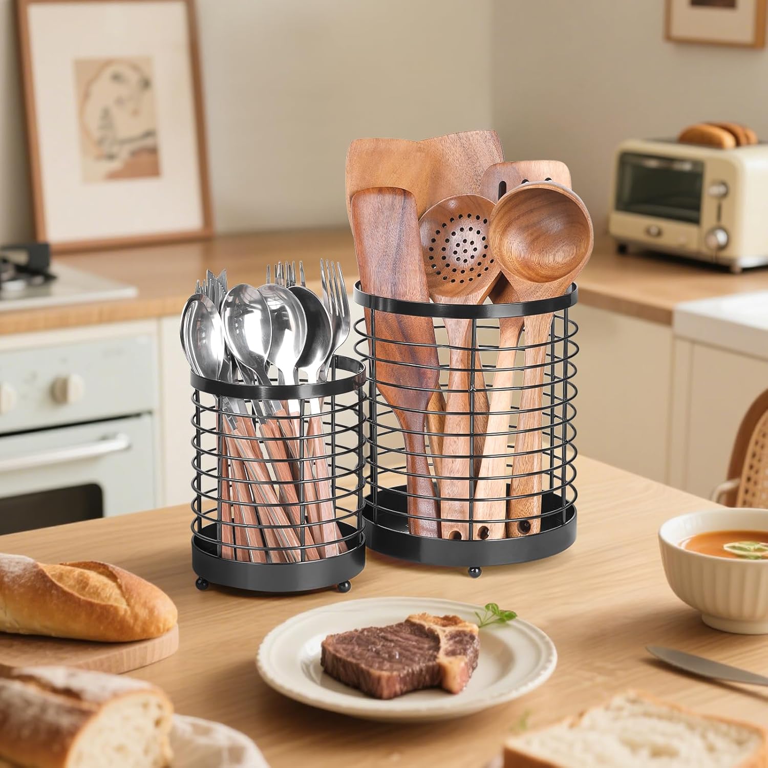 Utensil Holder, 7.7"+6" Stainless Steel Utensil Holder for Kitchen Counter, Cooking Tools Spatula, Silverware Forks, Knives, Spoons Utensil Crocks Organizer Drying Rack, Set of 2 - Image 5