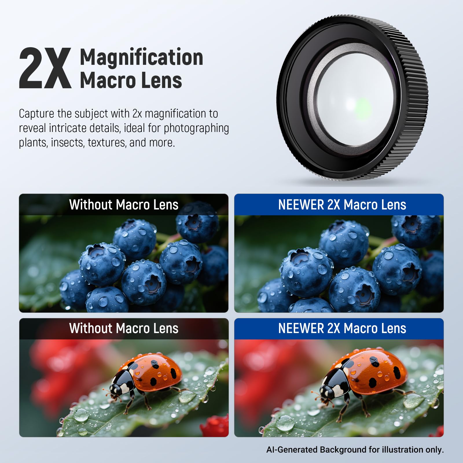 NEEWER Lente Macro Compatible con dji Osmo Action 5 Pro/4 Cámara Acción, Aumento 2X, 2 Elementos en 1 Grupo, Distancia Focal 3-4cm, Accesorio para Fotografía de Cerca, No Resistente al Agua, LS-68