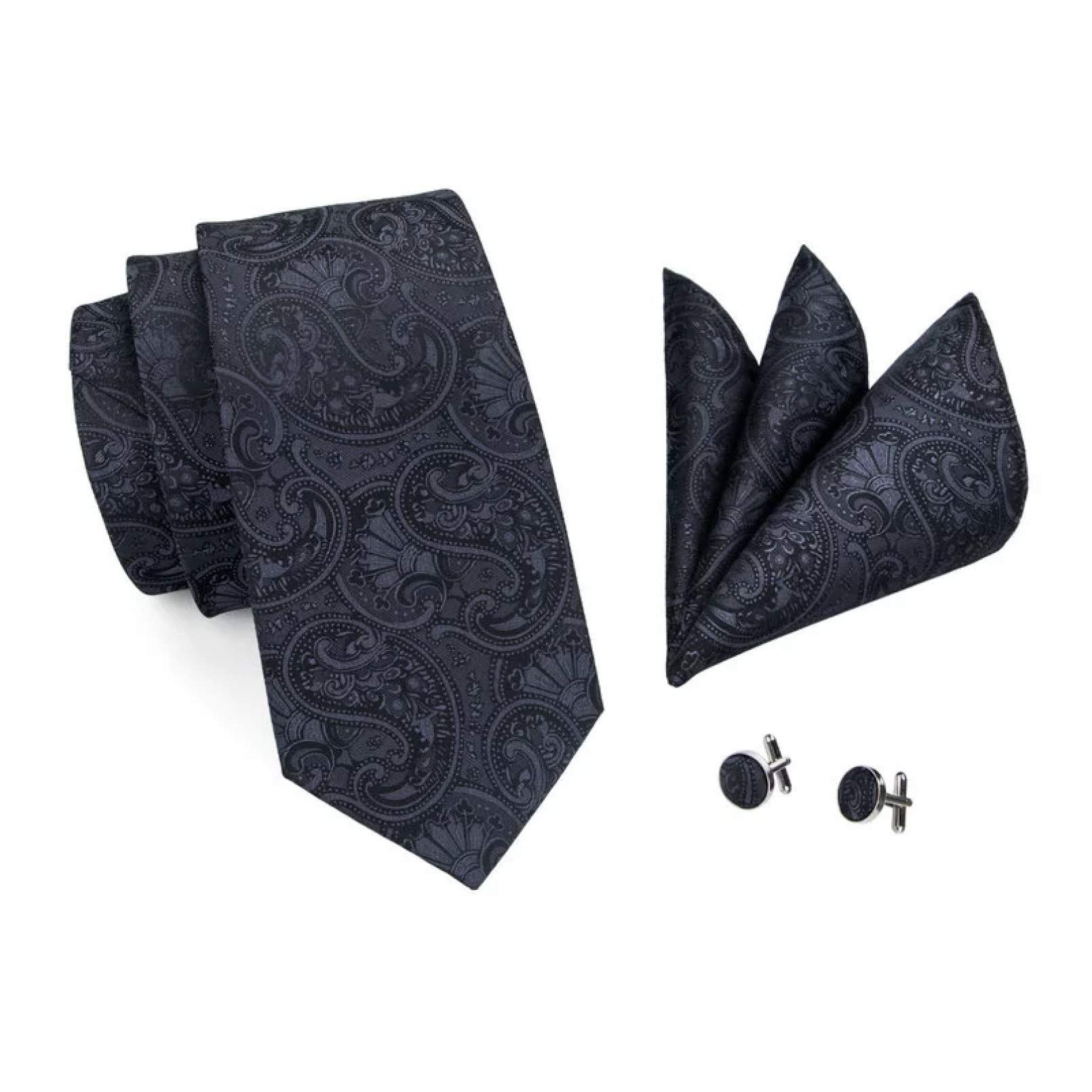 Neckties Set Paisley Woven Silk Mens Ties Set Black Neck Tie Pocketware Cufflinks Set for Men Fromal Dress Tie