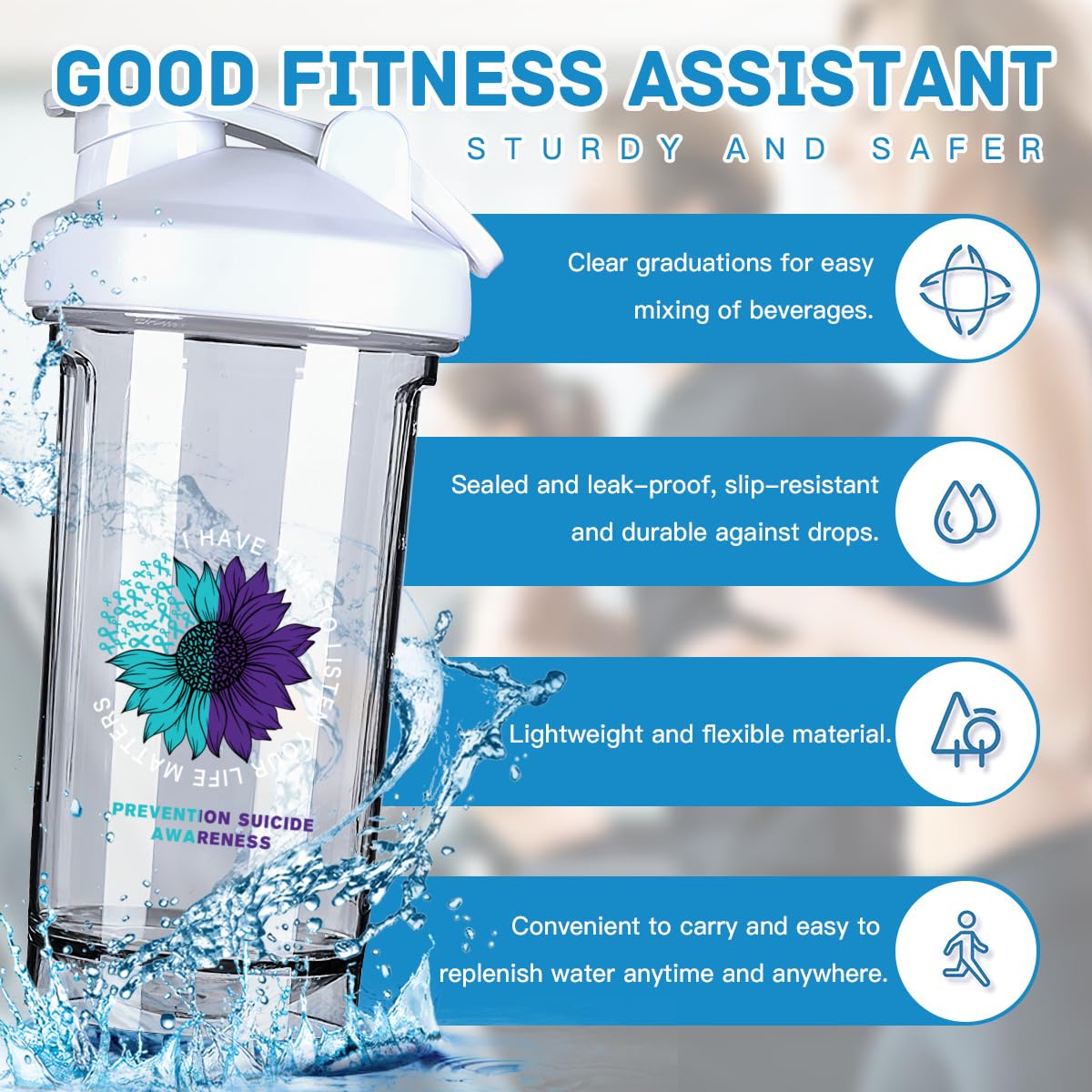 I Have Time To Listen Your Life Matters Prevention Suicide Awareness 18 Ounce Shaker Bottle Drink Mixer Leak-proof Pre Workout Protein Shakes Meal Replacement Shakes Bottles 500ML/18 Oz White