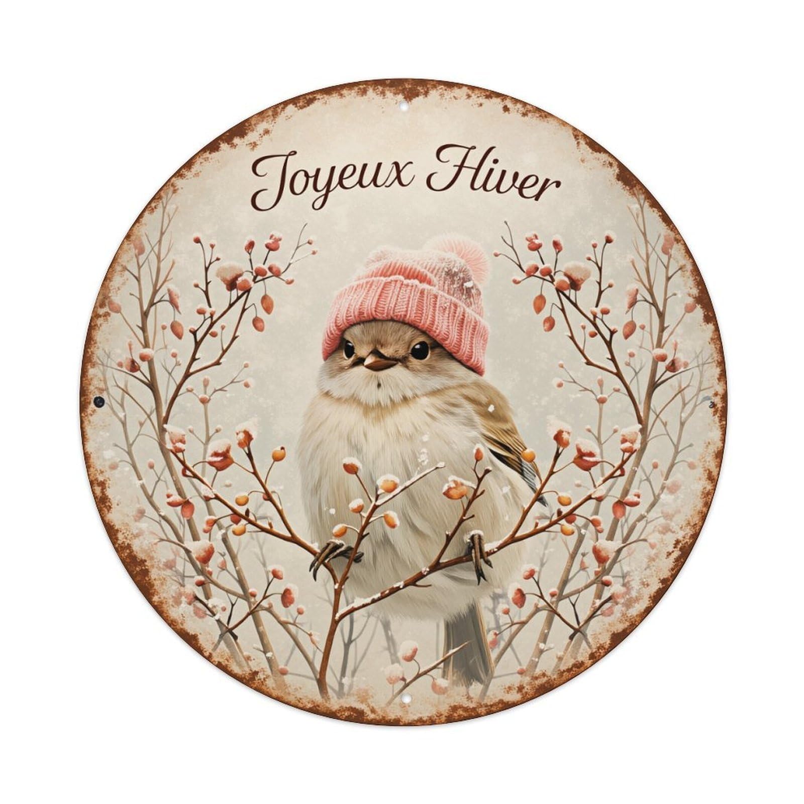 Bird Wearing Hat Winter Berries Tree Metal Tin Sign Plaque