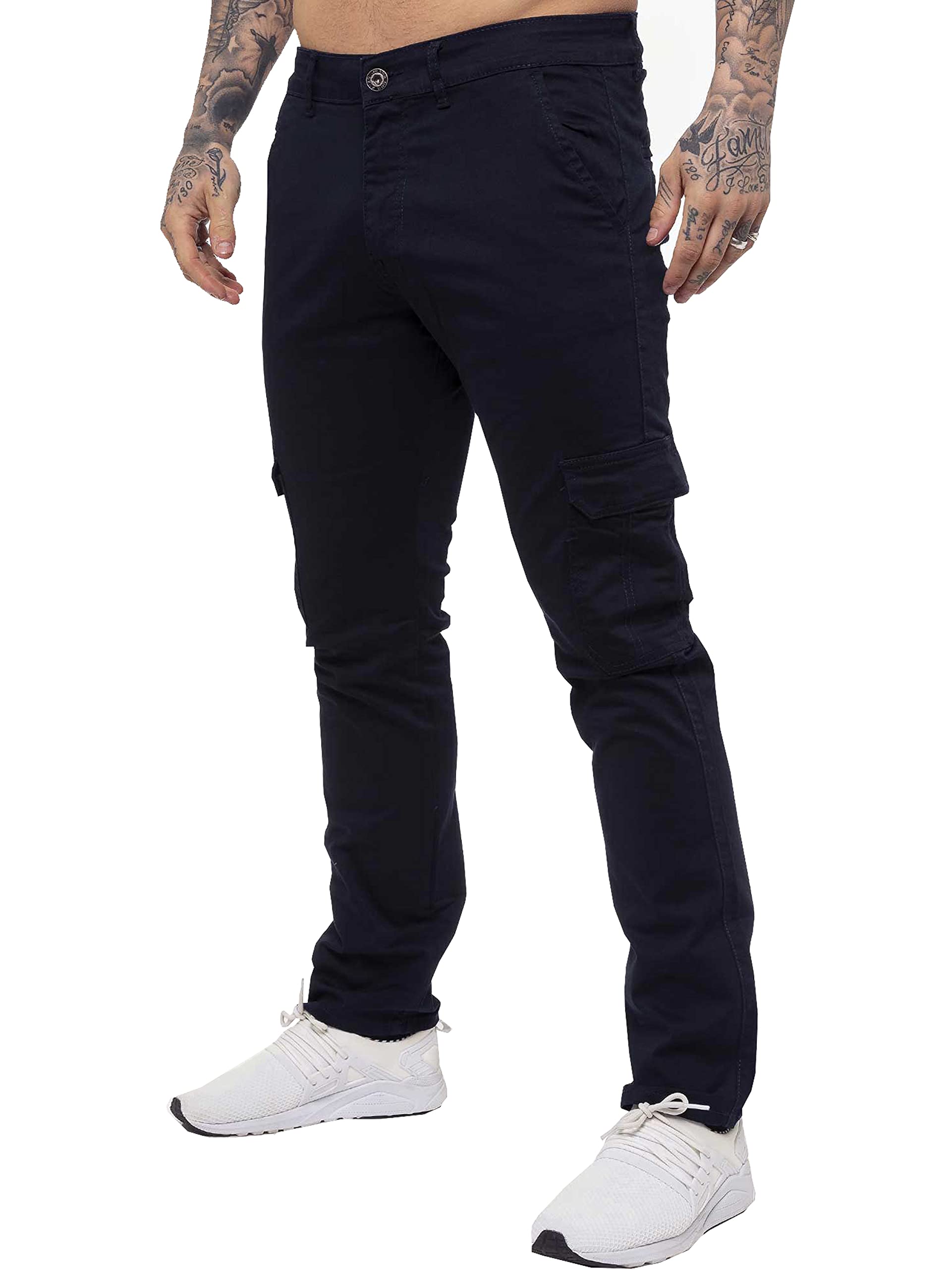 Ze Enzo Men's Blue Jeans Cargo Combat Trousers Chinos Slim Fit Cotton Stretch Work Pants Navy 28R