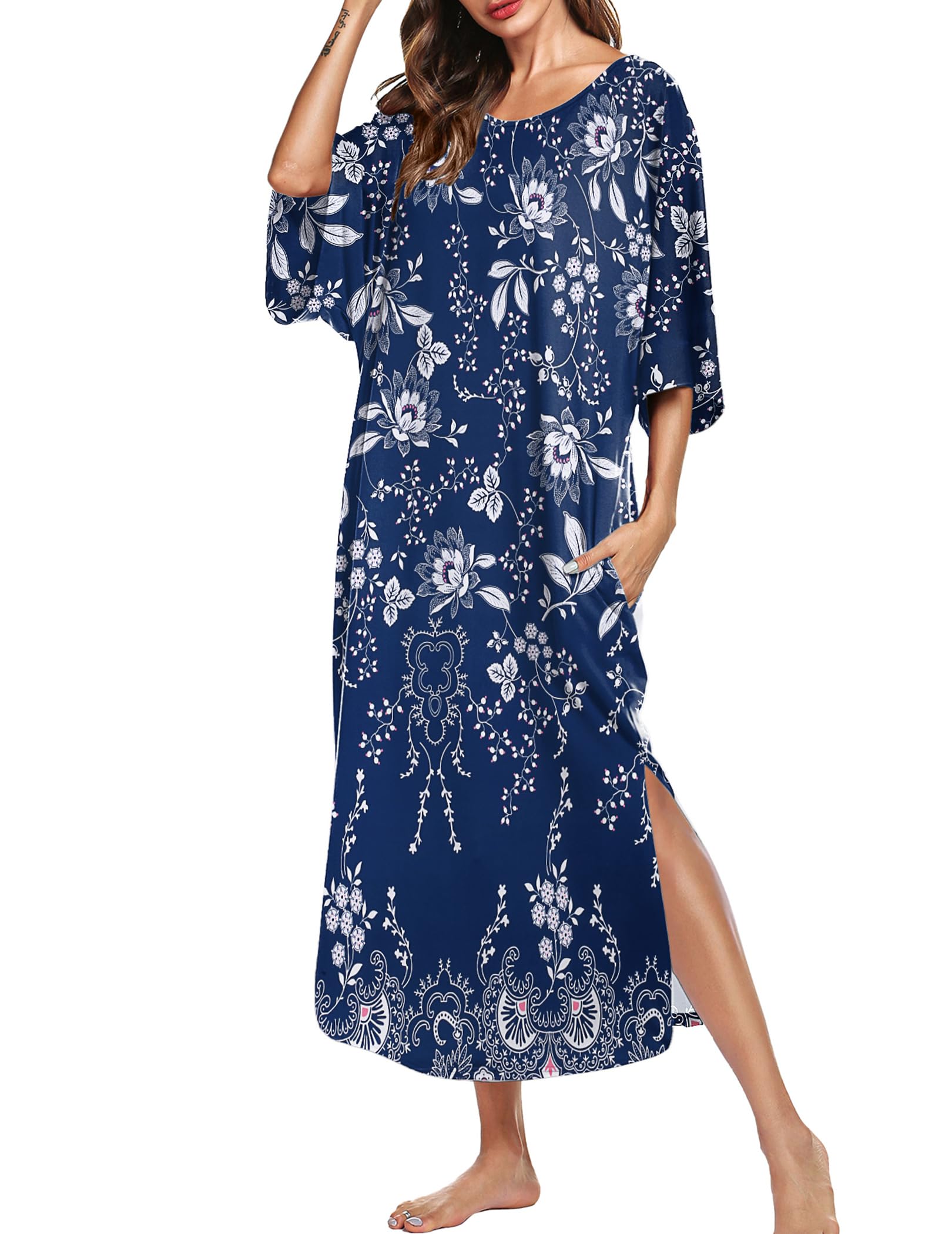 Ekouaer Long Nightgowns for Women Short Sleeve Night Gowns with Pockets | Casual Maxi Lounge Dress, Round Neck Sleep Dress, Plus Size House Dress, Side Split Sleepshirts for Lounging, Home, Party
