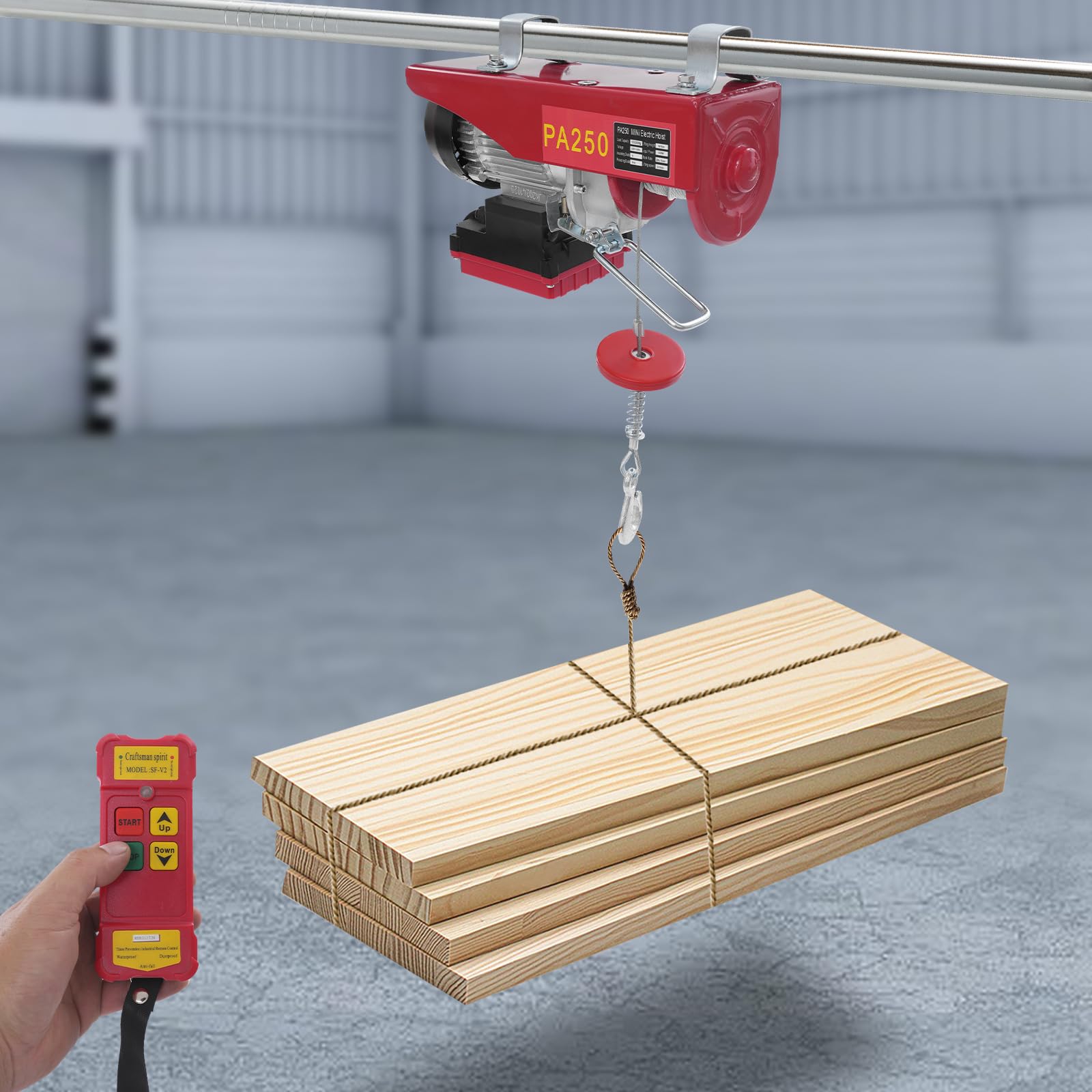 Cabrestante eléctrico, polipasto eléctrico, polea eléctrica con mando a distancia inalámbrico, cable eléctrico, suspensión simple y doble (250 kg)
