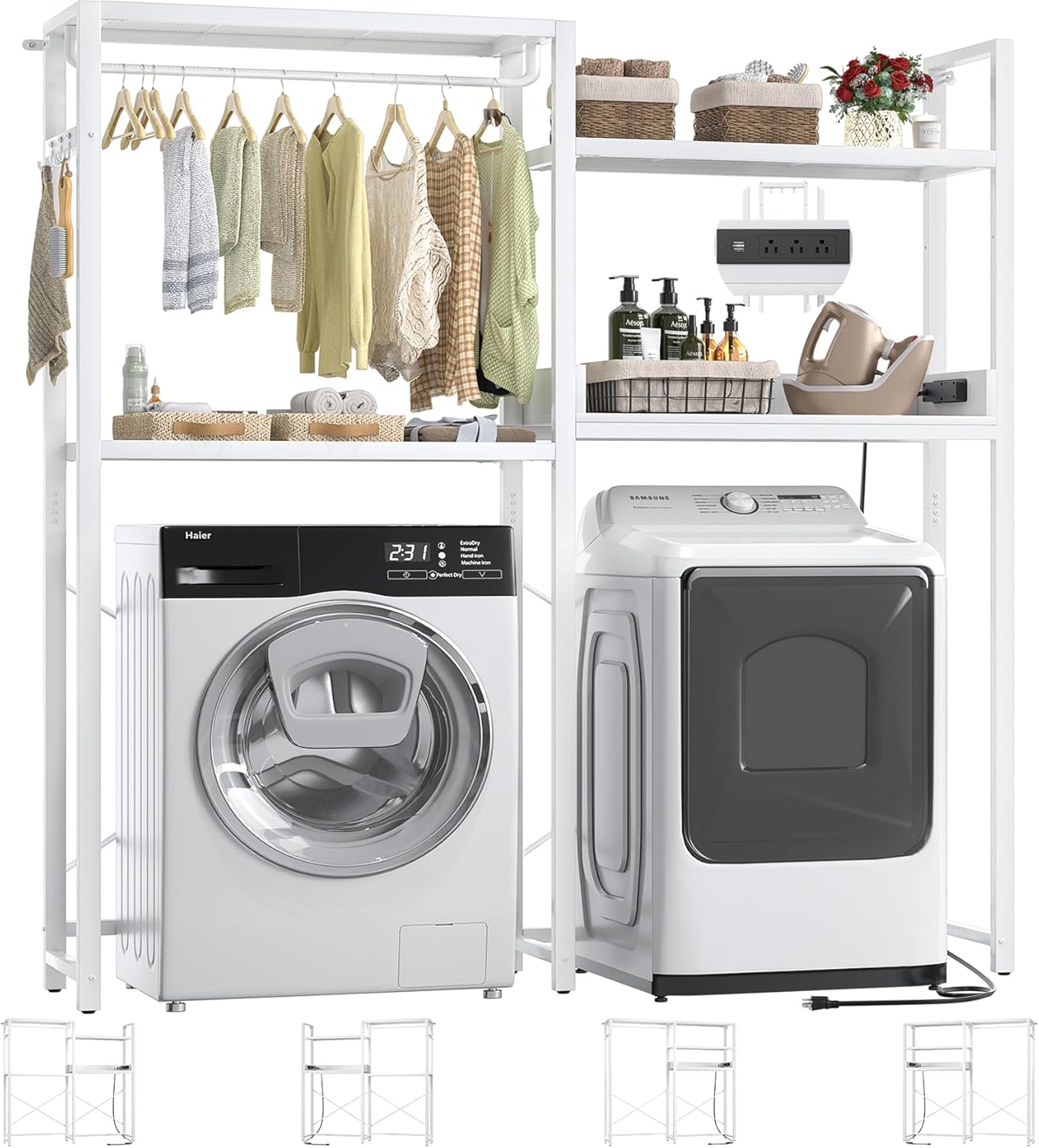 Aheaplus Over Washer and Dryer Shelves with Power Outlet, 4 Tiers Space Saver Laundry Room Storage and Organizer Standing Shelf, Metal Clothes Drying Rack with 1 Hanger Rod, 57.5" W x 77.2" H, White