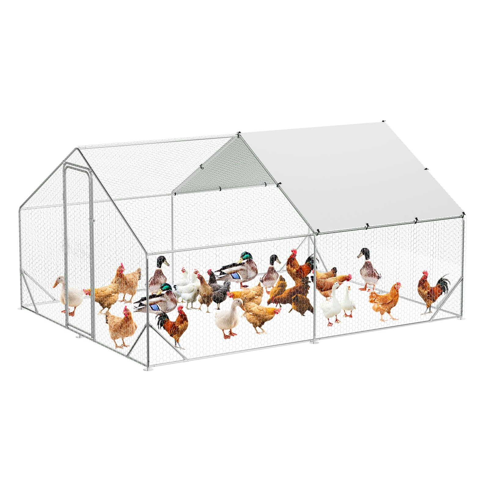 9.8' x 13.1' x 6.6' Chicken Coop Run, Galvanized Steel Chicken Pen with Anti-Ultraviolet Waterproof Cover, Spire-Roof Walk-in Poultry Cage, Metal