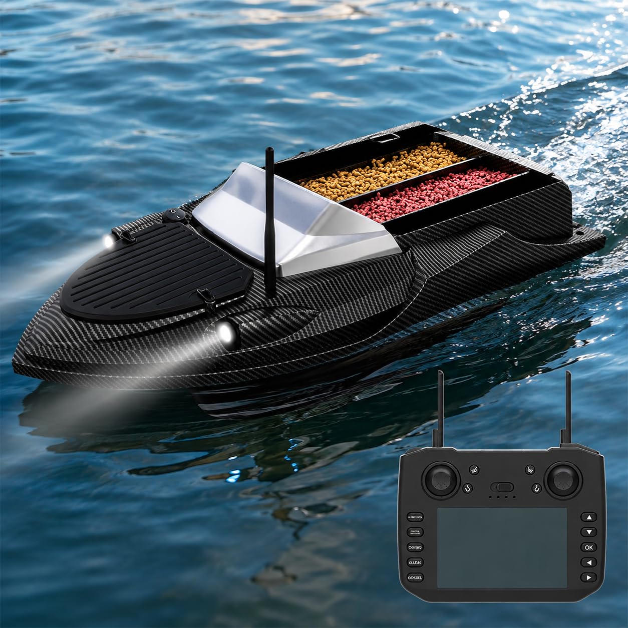 V080 - Barco de cebo GPS de 12 V, tolva doble de 3 kg, alcance de 800 m | 180 puntos de referencia GPS, 9 zonas de cebo, retorno automático, liberación de gancho, luces LED y control de dos