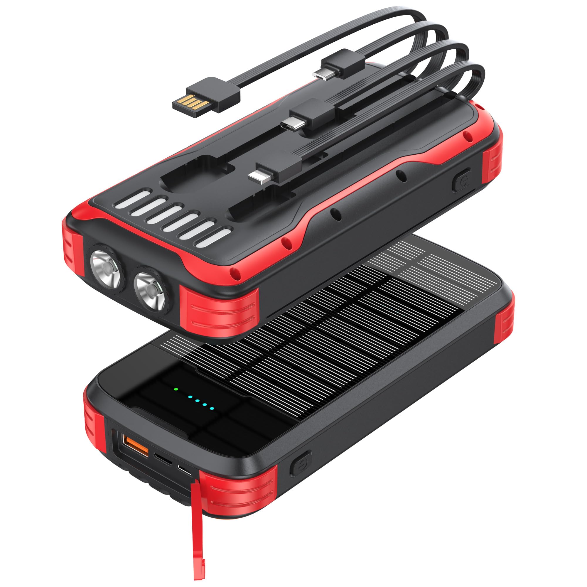 MINRISE Cargador de banco de energía solar, cargador de teléfono portátil de 40000 mAh integrado en 4 cables con entrada y salida USB C, cargador portátil de carga rápida PD de 20 W, batería externa
