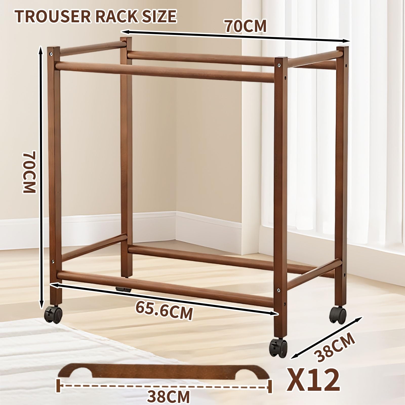 Pantalones de madera Ha con ruedas para armario con ropa de 12 Ha y Sto para pantalones, pantalones cortos, jeans, pantalones, carrito (nogal)