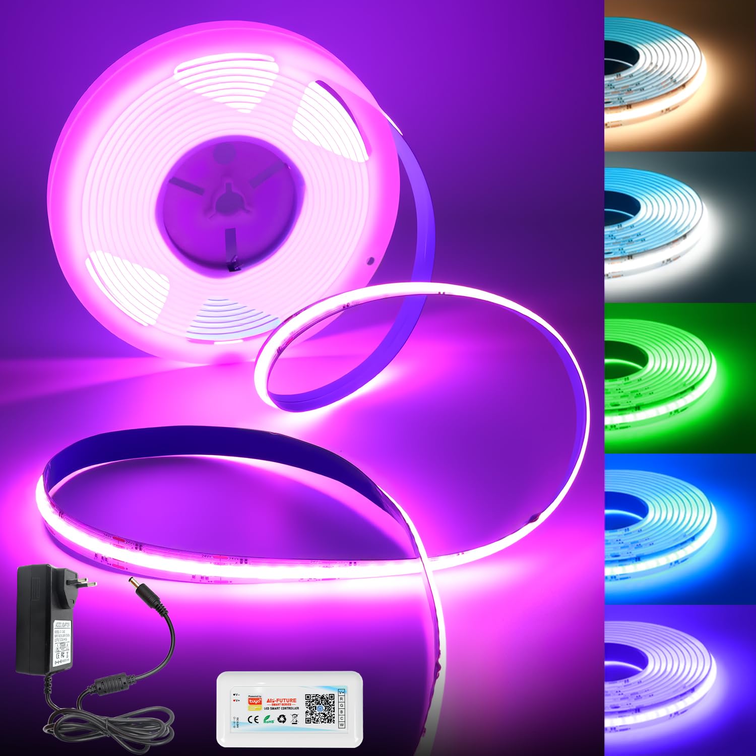 Arotelicht COB LED Streifen RGB+WW/CW 5M 24V, RGB CCT LED Strip Kit 840LEDs/M, 6pin dimmbar Lichterkette mit WIFI Controller und Netzteil Multicolor IP20 für Küche Home DIY Dekoration
