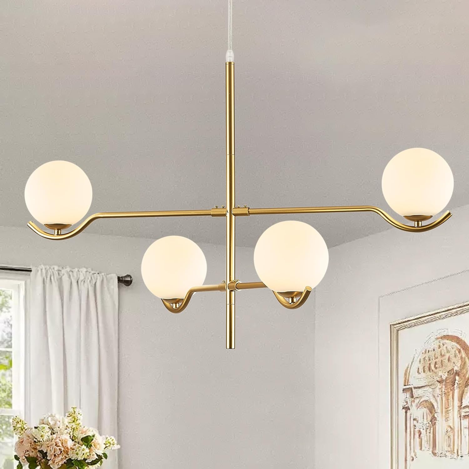 4 Lights Modern Gold Sputnik Chandelier, L31 '' Large Mid Century Long Ceiling Pendant Light Fixtures with Milk Glass Globe Shades for High Ceiling Living Room Foyer Dining Room Bedroom