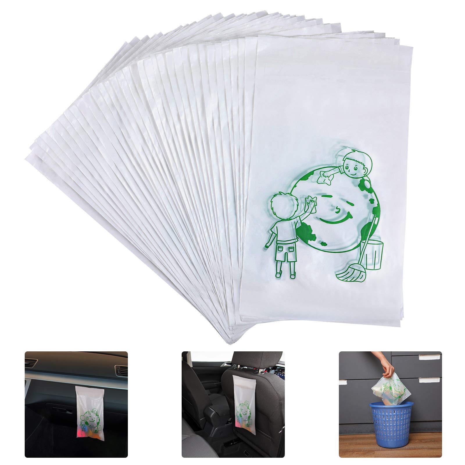 Frienda Disposable Car Adhesive Garbage Bags Portable Disposable Trash Pouch Leak Proof Vomit Pouches White Cartoon Trash Bags for Cars, Kitchens, Bedrooms, Study Room, 11.4 x 8.2 Inch(120 Pieces)
