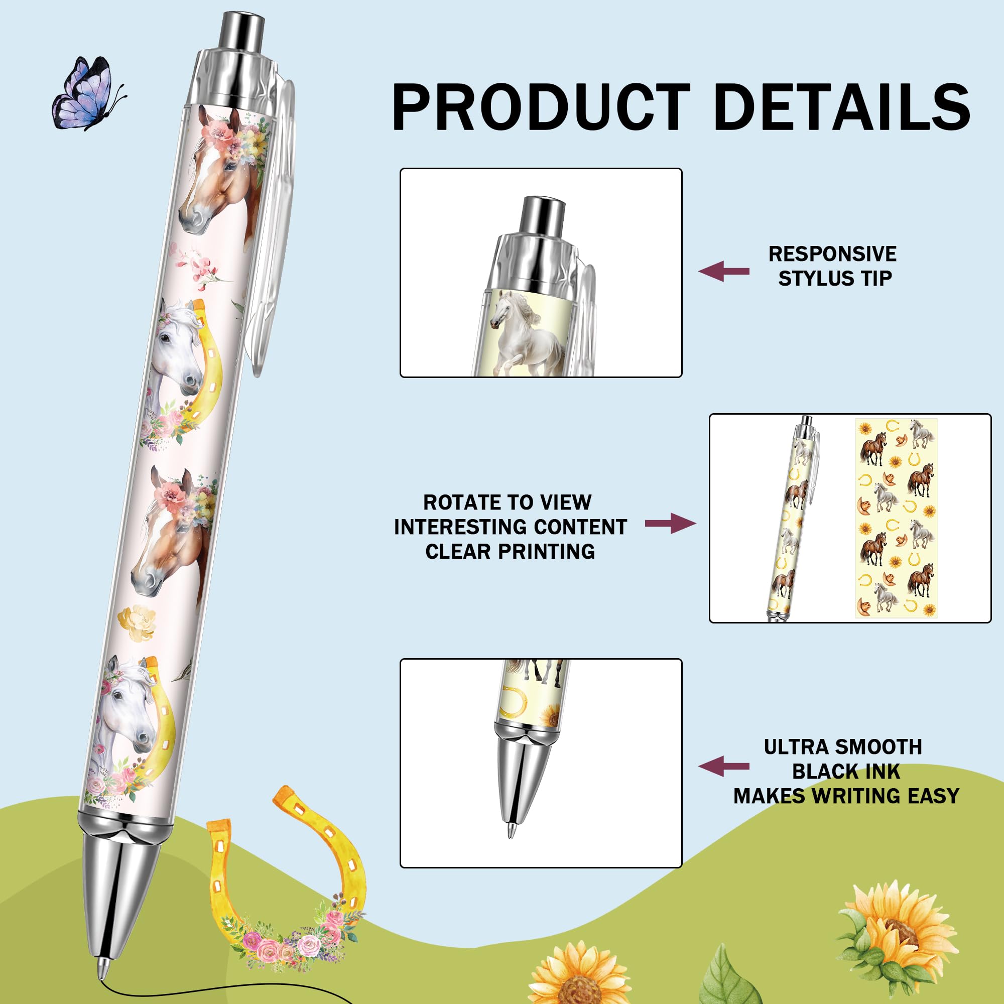 Pferde-Kugelschreiber-Zubehör, einziehbar, Bürogeschenke, Pferde, schwarze Tinte, glatt, feine Spitze, Cartoon-Schreibstift für Journaling, Schule, Arbeit, Krankenpflege, medizinische