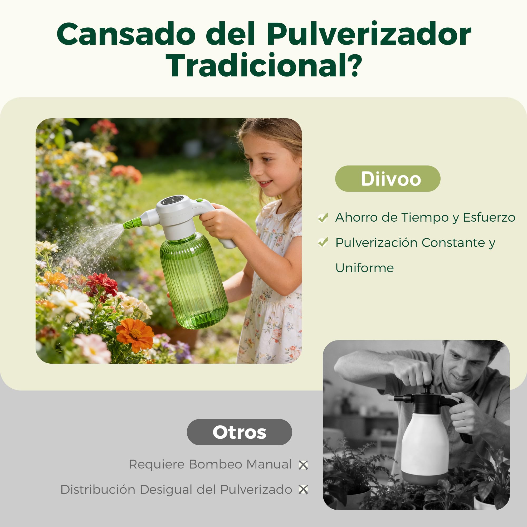 Diivoo Pulverizador Eléctrico de Jardín 2L, 3 Velocidades y 2 Modos (Neblina y Chorro), Depósito Visible, Batería Recargable 2000mAh, Pulverizador Portátil de Agua para Plantas de Interior y Balcón