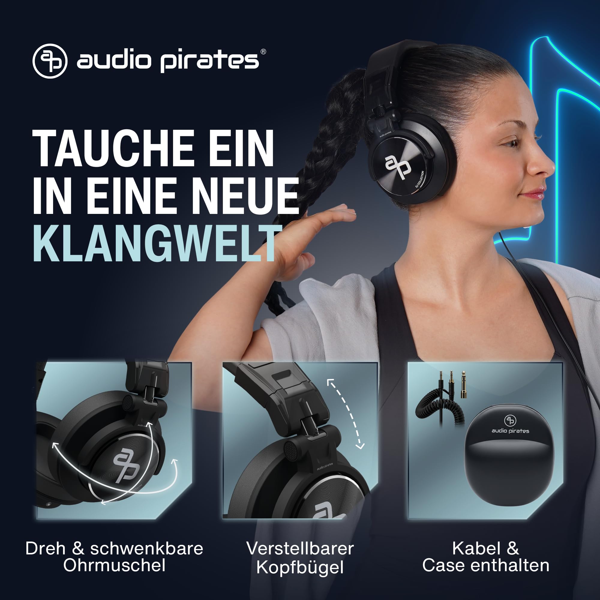 audio pirates John DJ | DJ-Kopfhörer für Club & Disco | sehr pegelfest & robust | Case | DJ-Sound, Nicht HiFi | 3J. Garantie | 3m Kabel & 3,5/6,3 mm Klinke-Adapter | PC-Kopfhörer | DJ-Kopfhörer (1)
