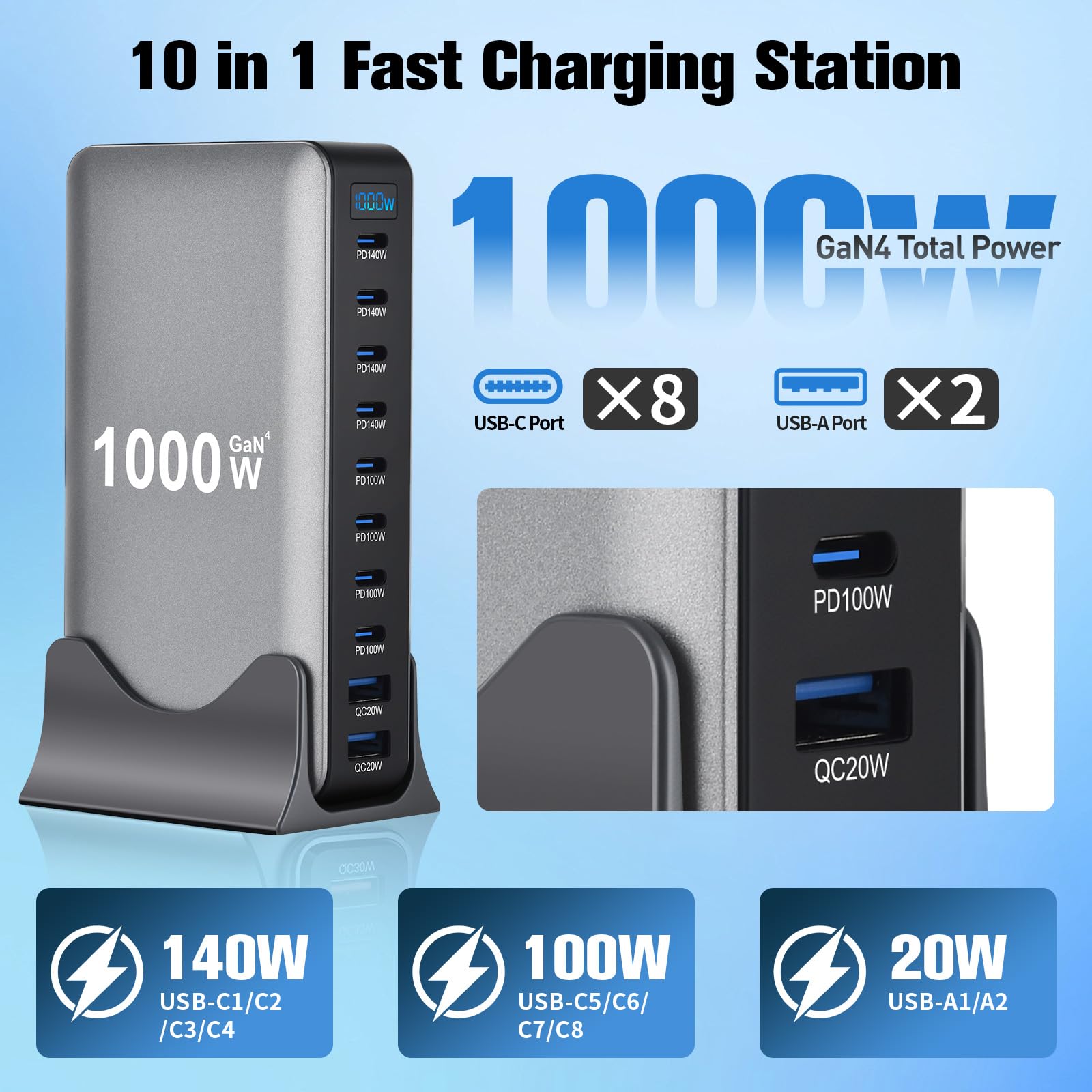 1000W USB C Ladegerät Mehrfach, 10 Ports Schnellladegerät Ladestation mit 8×USB-C-Ports (140W/100W) und 2×USB-A-Ports (20W QC), für iPad, iPhone 16/15