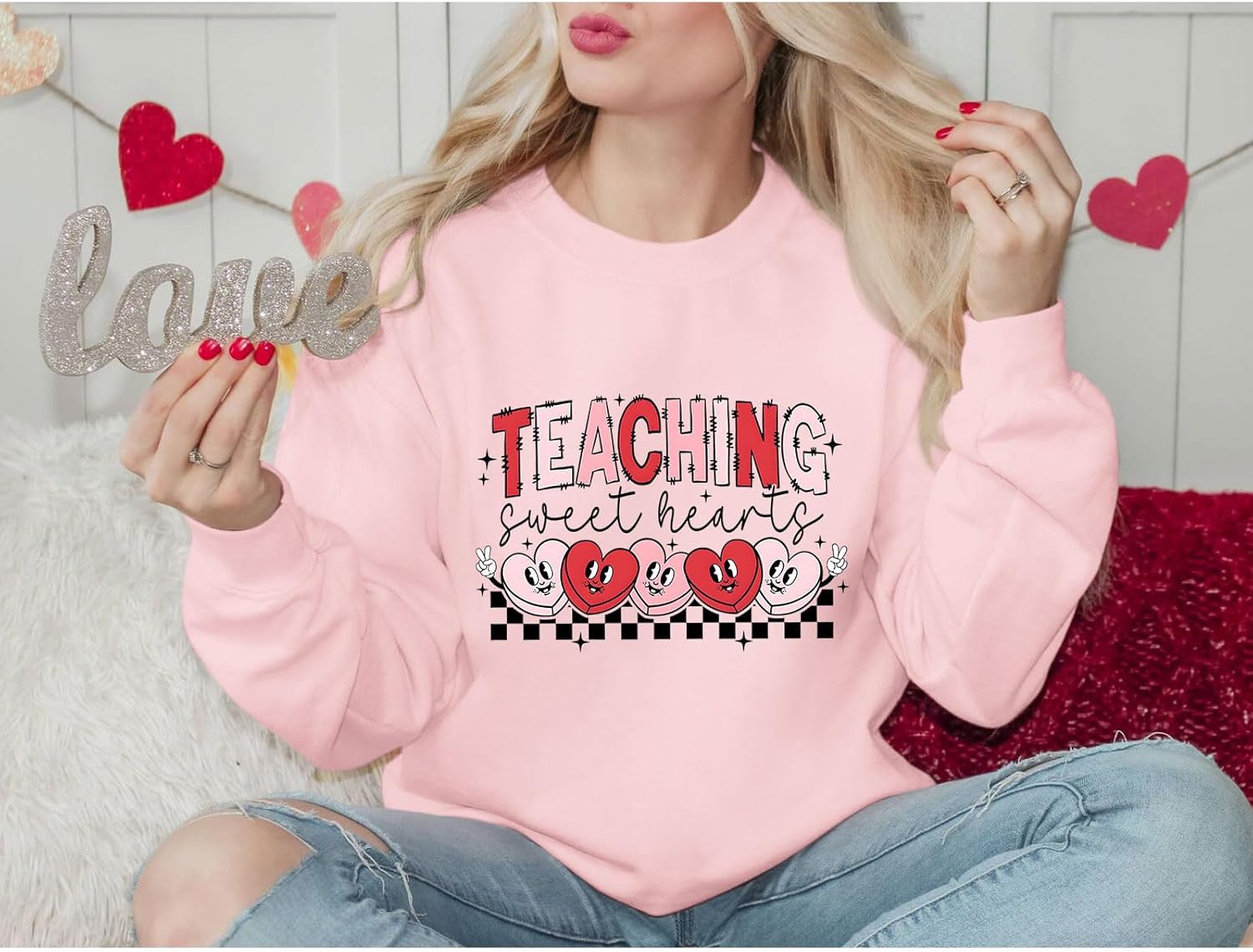 Bobeutou Valentines Sweatshirt Women Love Heart Graphic Teacher Valentine's Long Sleeve Shirt Casual Pullover Tops - Image 2