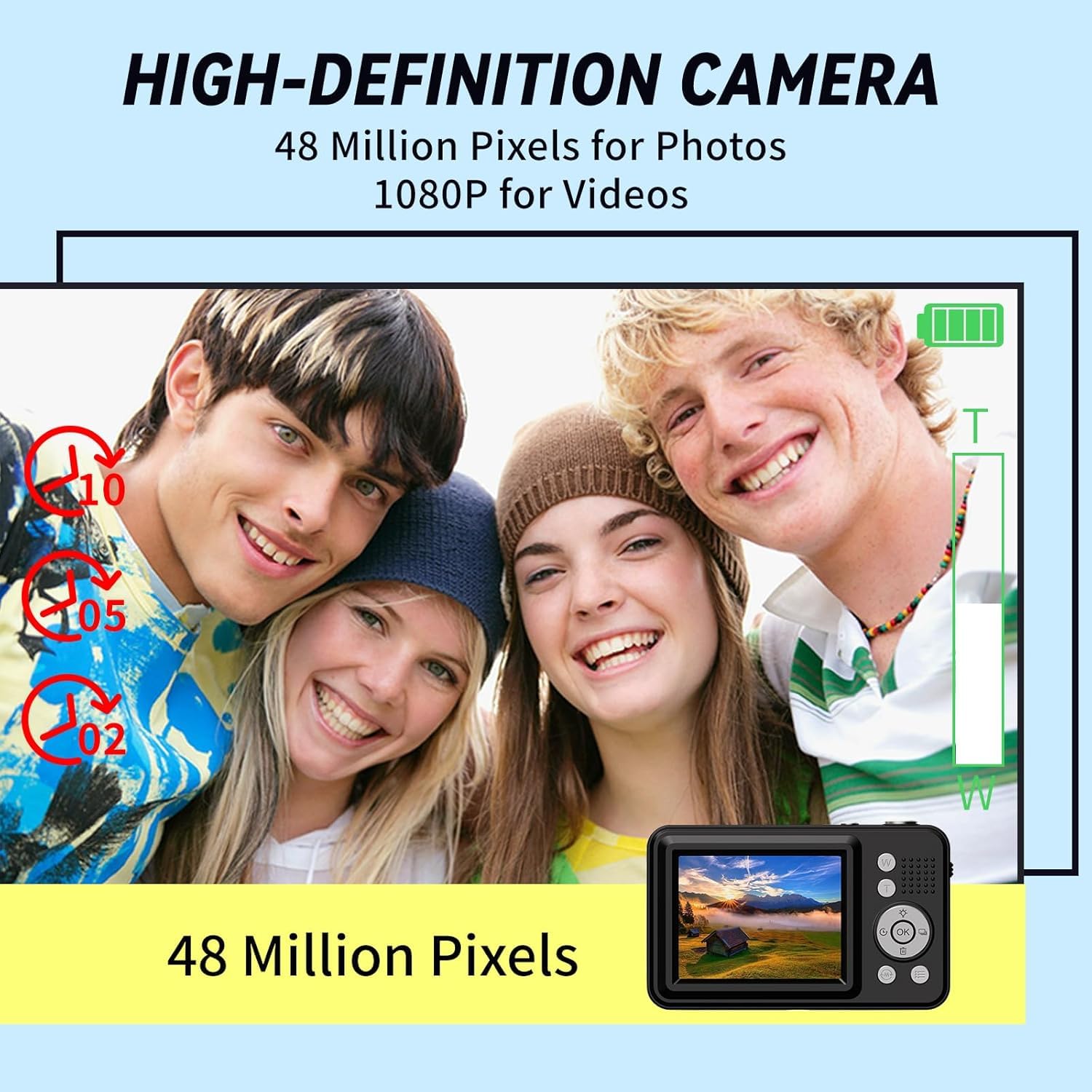 Digitalkamera FHD 1080p,48MP Fotokamera 16X Digitalzoom Kamera, Mit 1300 mAh Akku, 2,4" LCD Bildschirm, Kinder Digitalkamera/Kinderkamera Kinder.