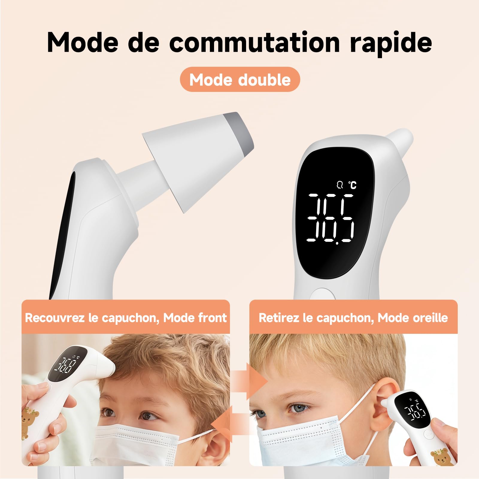 Motif unique dessiné à la main | Thermomètre numérique sans contact et auriculaire – Convient aux adultes et aux bébés, avec fonction mémoire (Teddy)